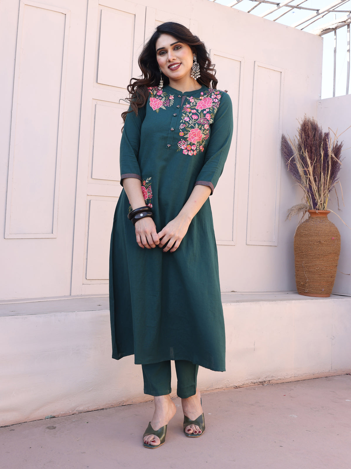 Cyan Blue Floral Embroidery Straight Kurta with Trousers