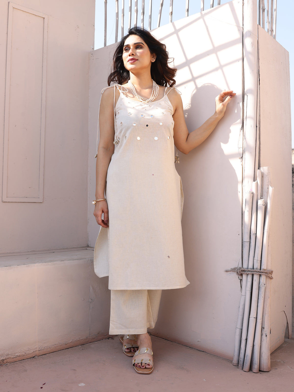 White Mirror Patch Work Embroidery Kurta Pant Set
