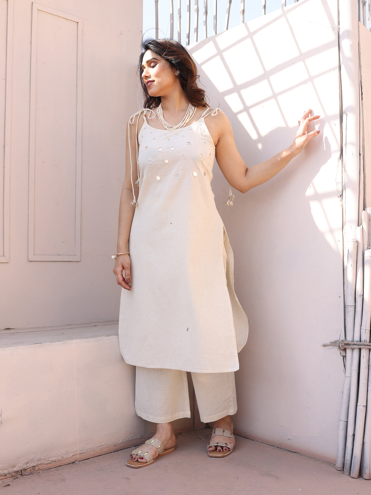 White Mirror Patch Work Embroidery Kurta Pant Set