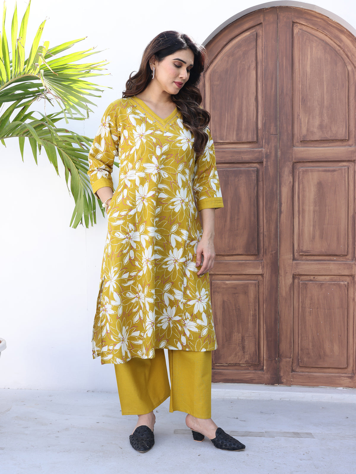 Mustard Yellow Floral Printed Cotton Kurta Palazzo Set