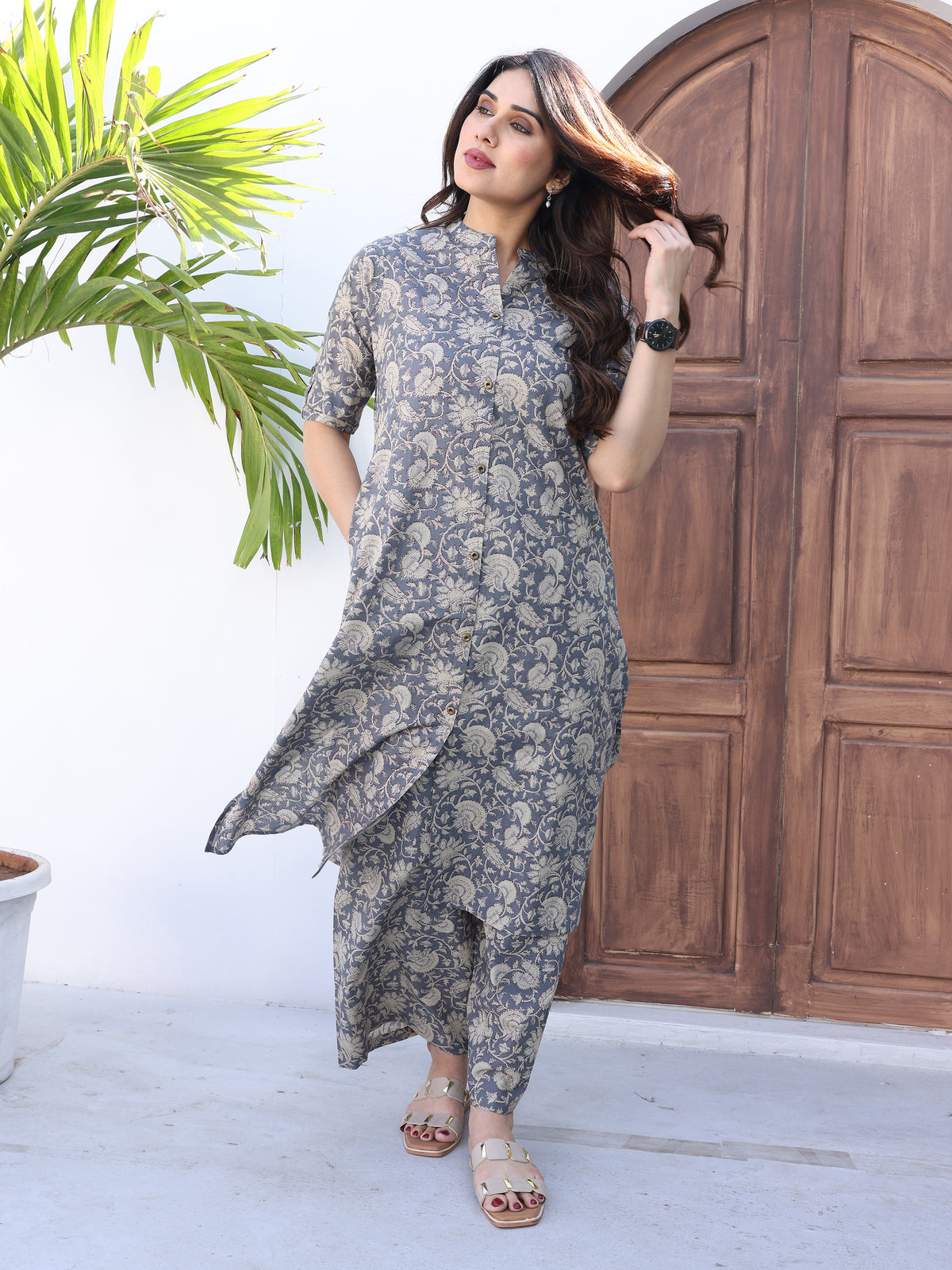 Grey Ethnic Floral Printed Cotton Kurta Palazzo Set