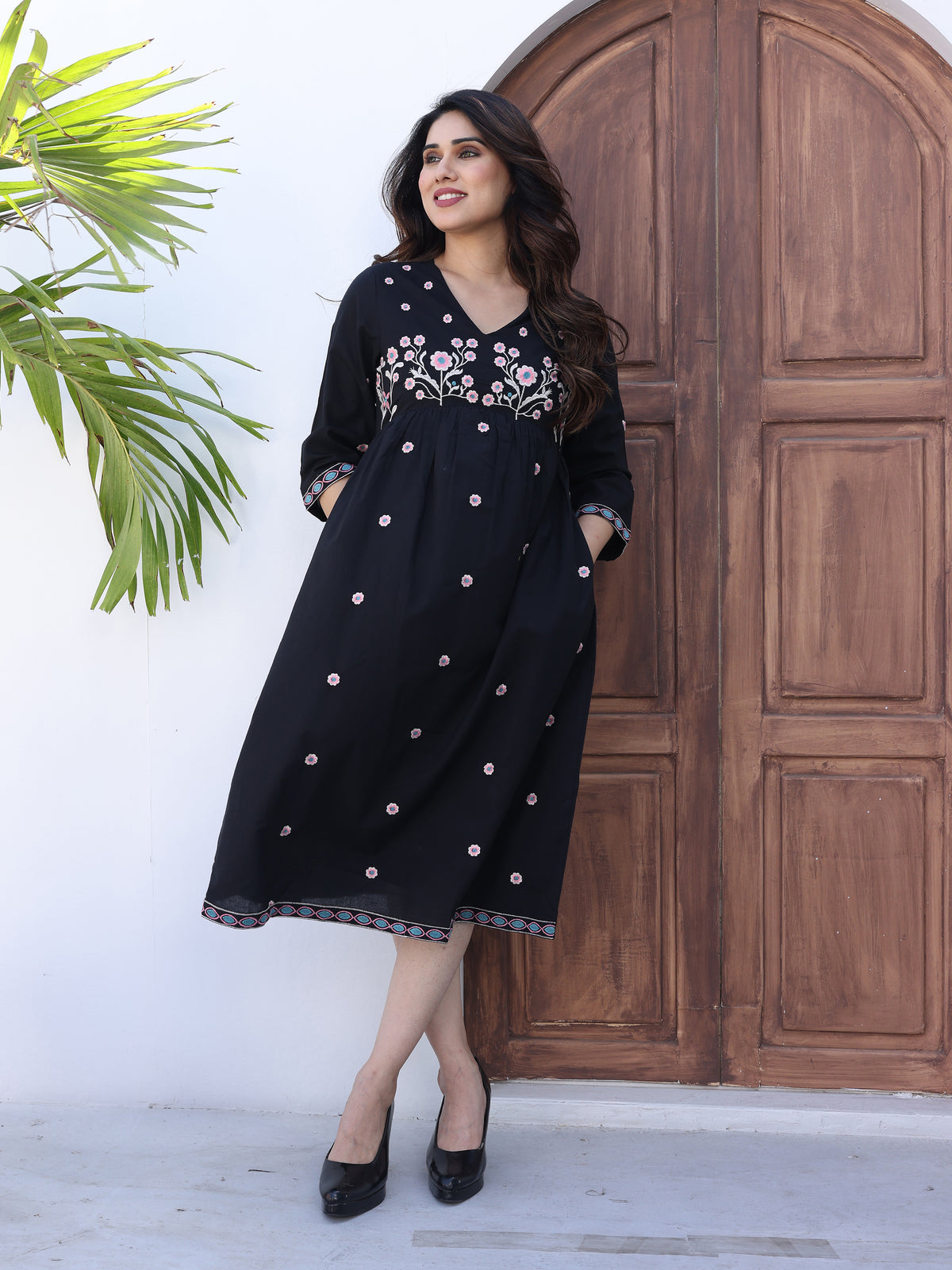 Black Floral Thread Work Embroidery Midi Dress