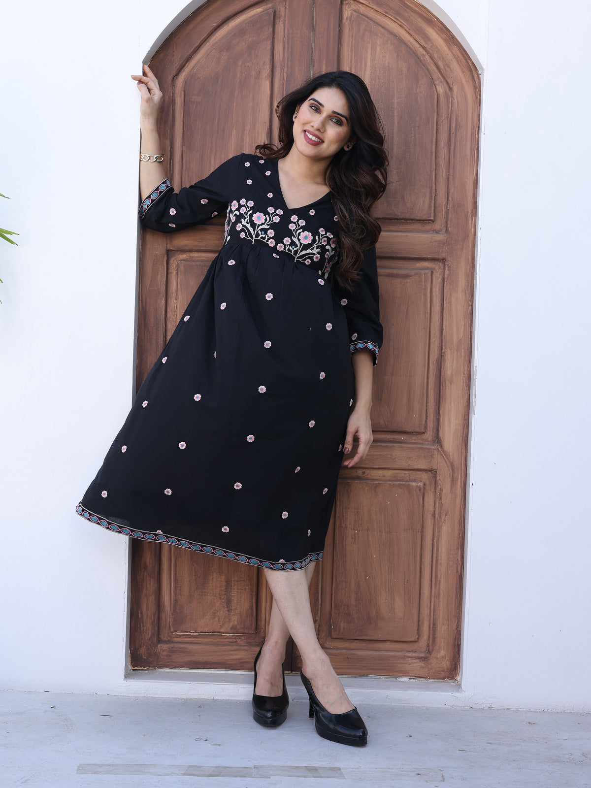 Black Floral Thread Work Embroidery Midi Dress