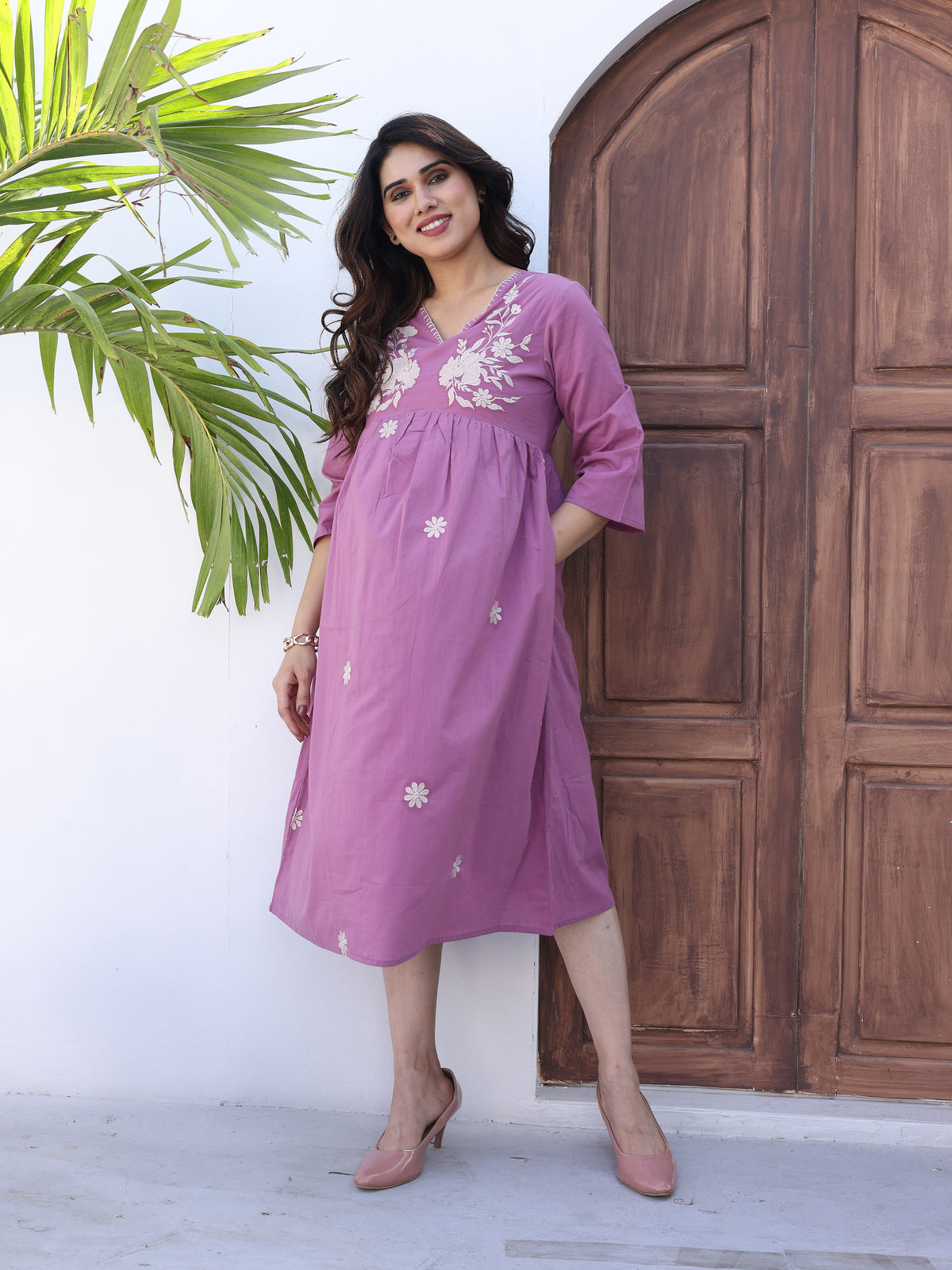 Purple Floral Embroidered Midi Dress