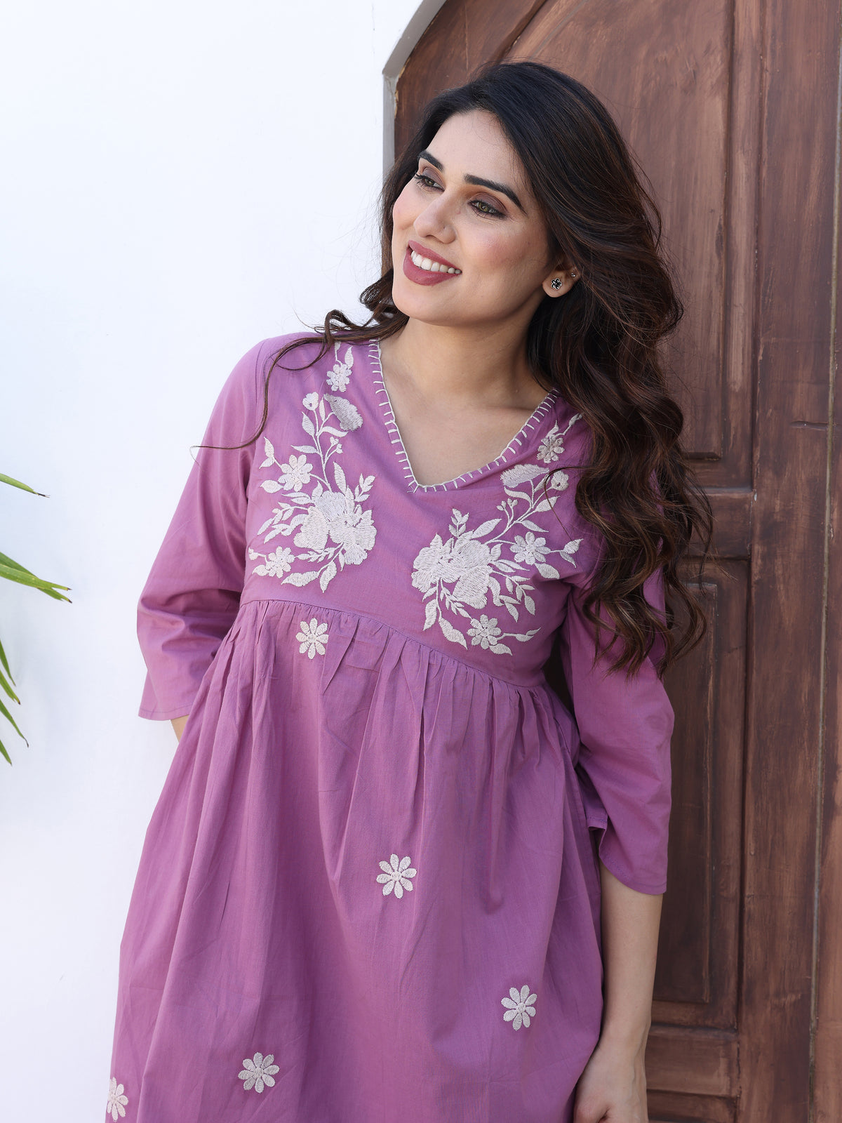 Purple Floral Embroidered Midi Dress