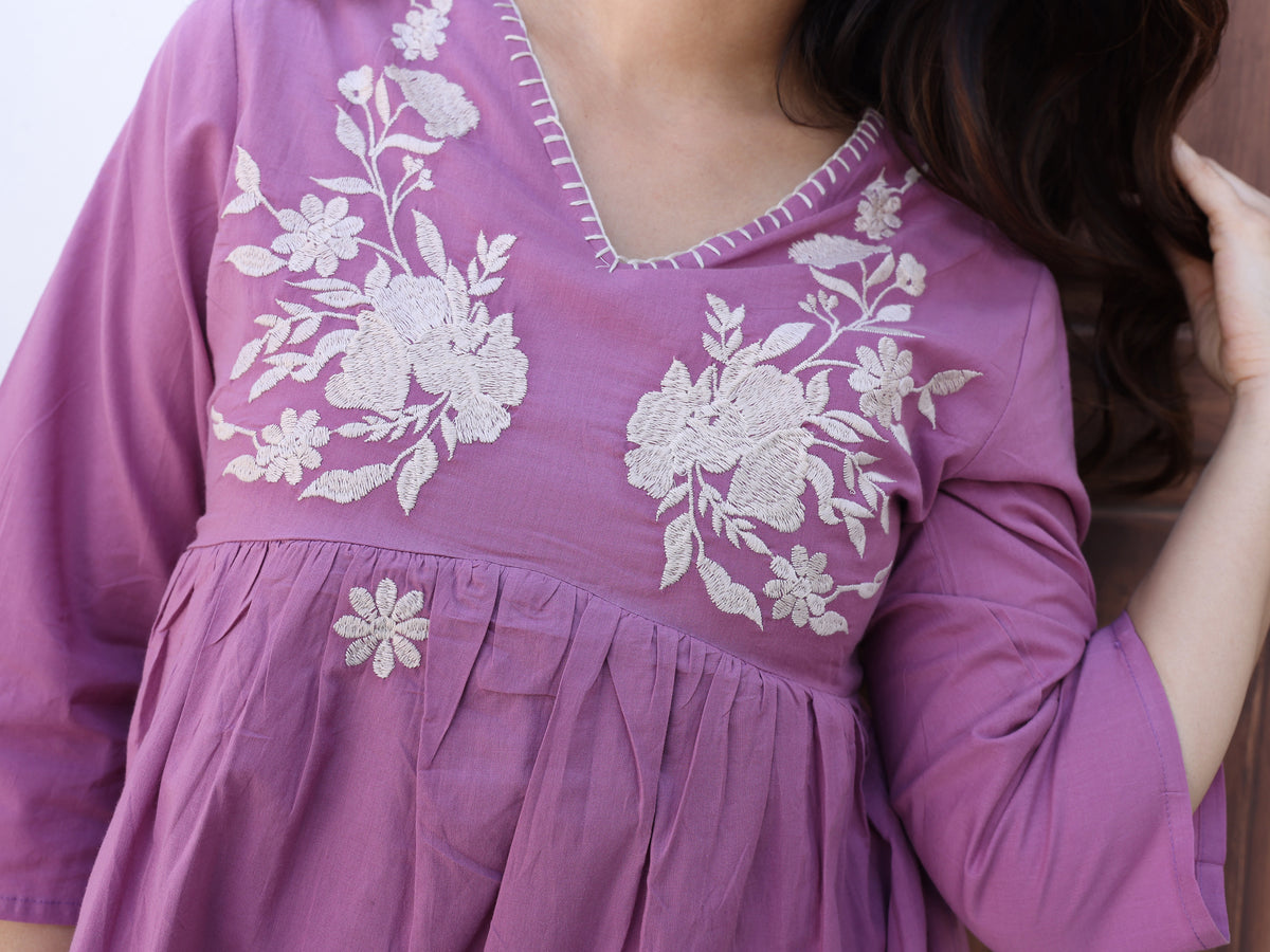 Purple Floral Embroidered Midi Dress
