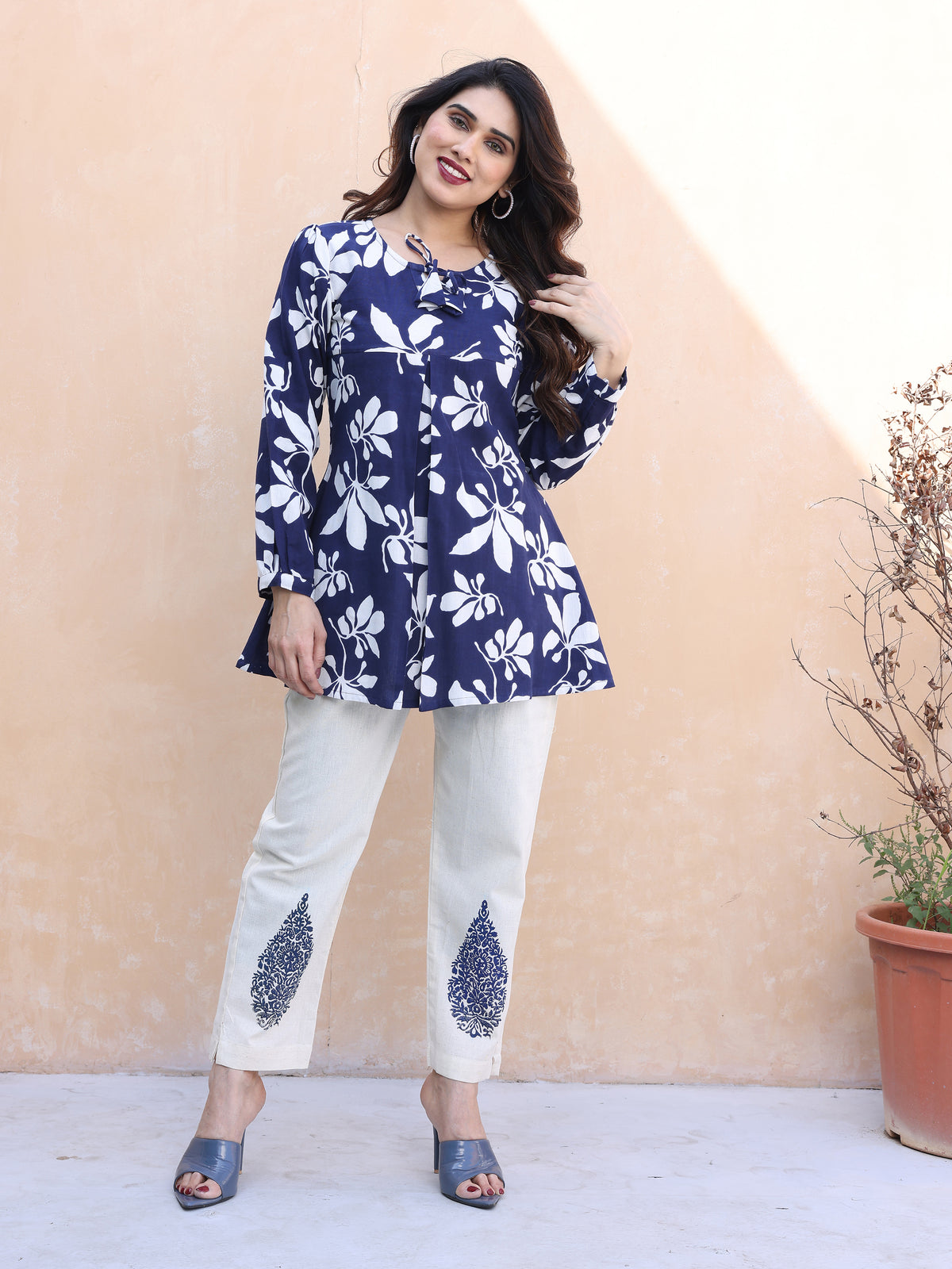 Navy Blue Floral Printed Cotton Co-ords Set