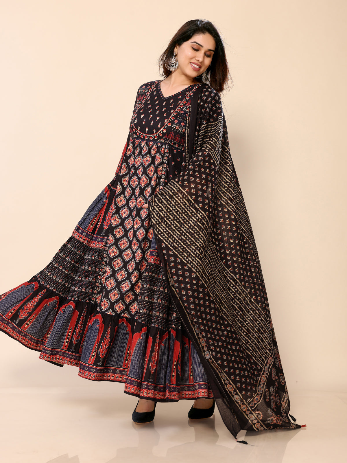 Black Long Flared Printed Kurta Pant & Dupatta Set