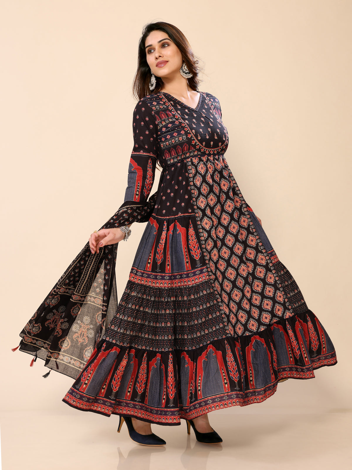 Black Long Flared Printed Kurta Pant & Dupatta Set