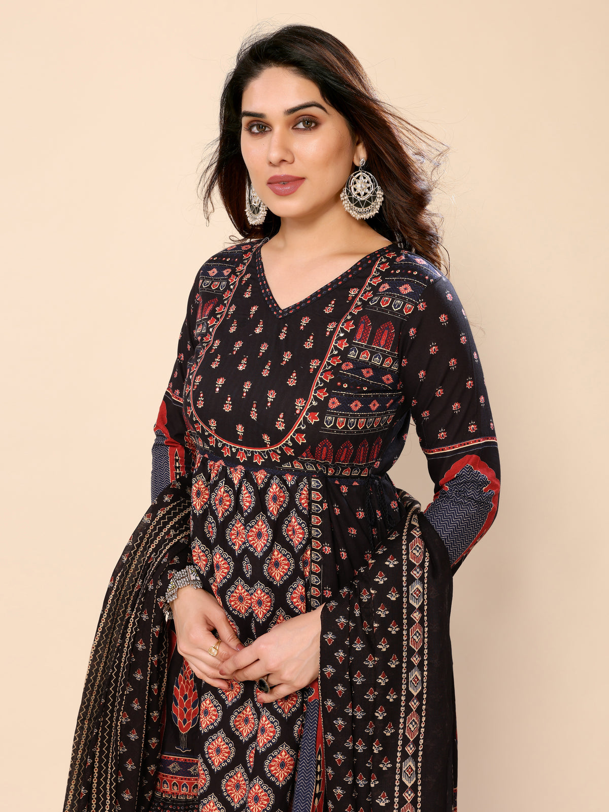 Black Long Flared Printed Kurta Pant & Dupatta Set