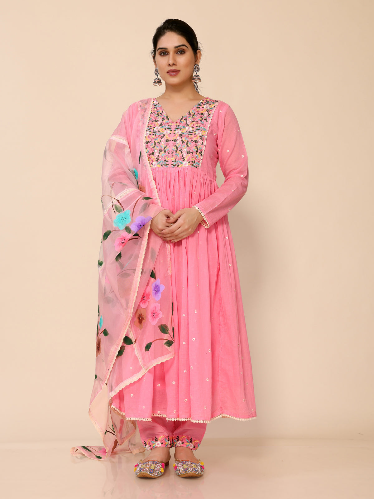 Pink Flared Floral Embroidery Printed Kurta Pant & Dupatta Set
