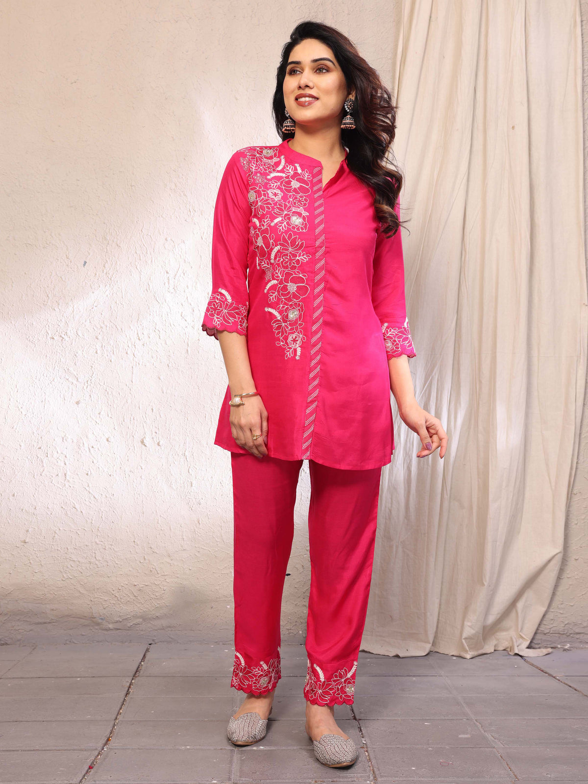 Pink Embroidery Cotton Co-ords Set