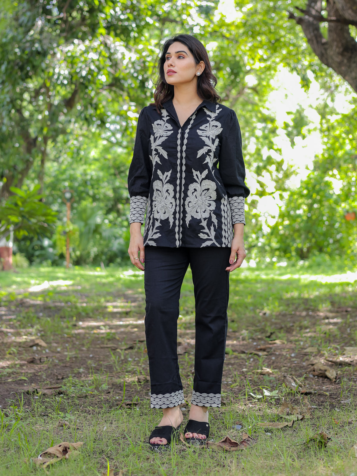 Black Floral Embroidery Cotton Co-ords Set