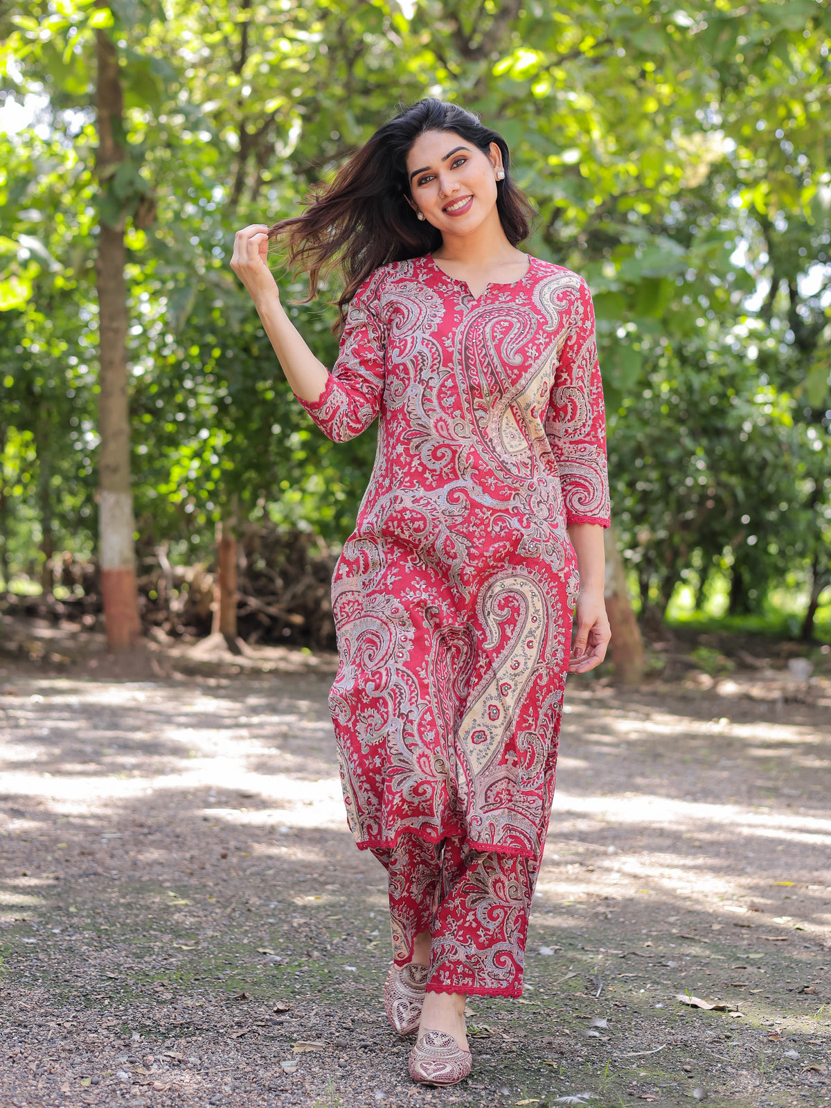 Red Ethnic Motifs Printed Cotton Kurta with Trouser Pant