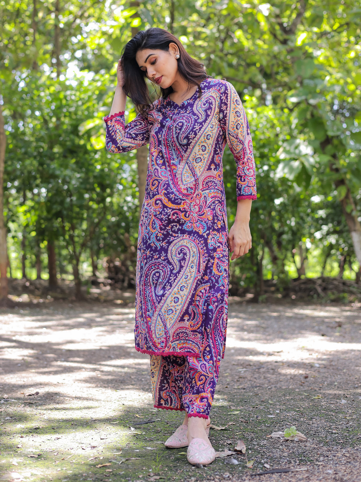 Purple Ethnic Motifs Printed Cotton Kurta with Trouser Pant