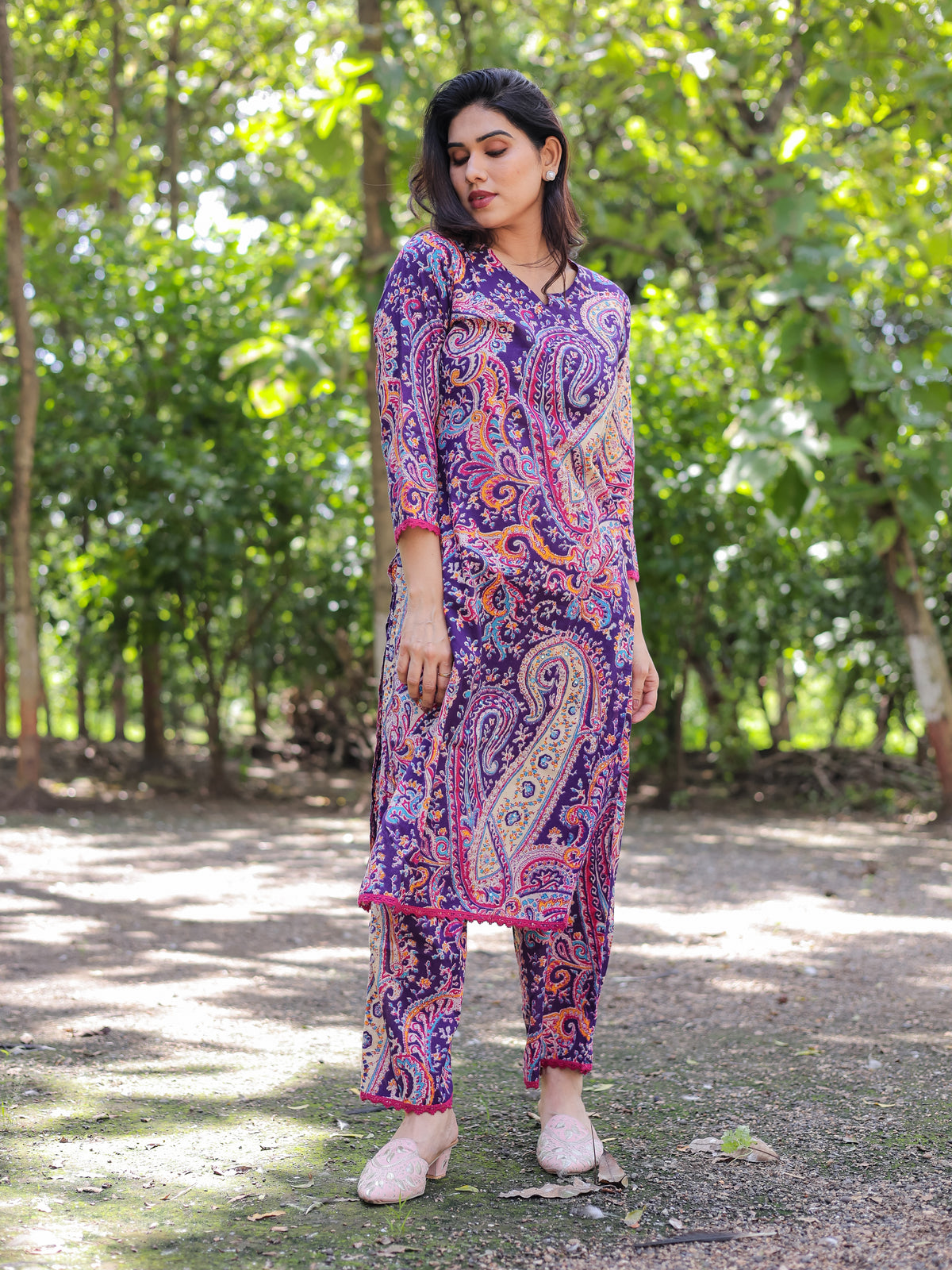 Purple Ethnic Motifs Printed Cotton Kurta with Trouser Pant