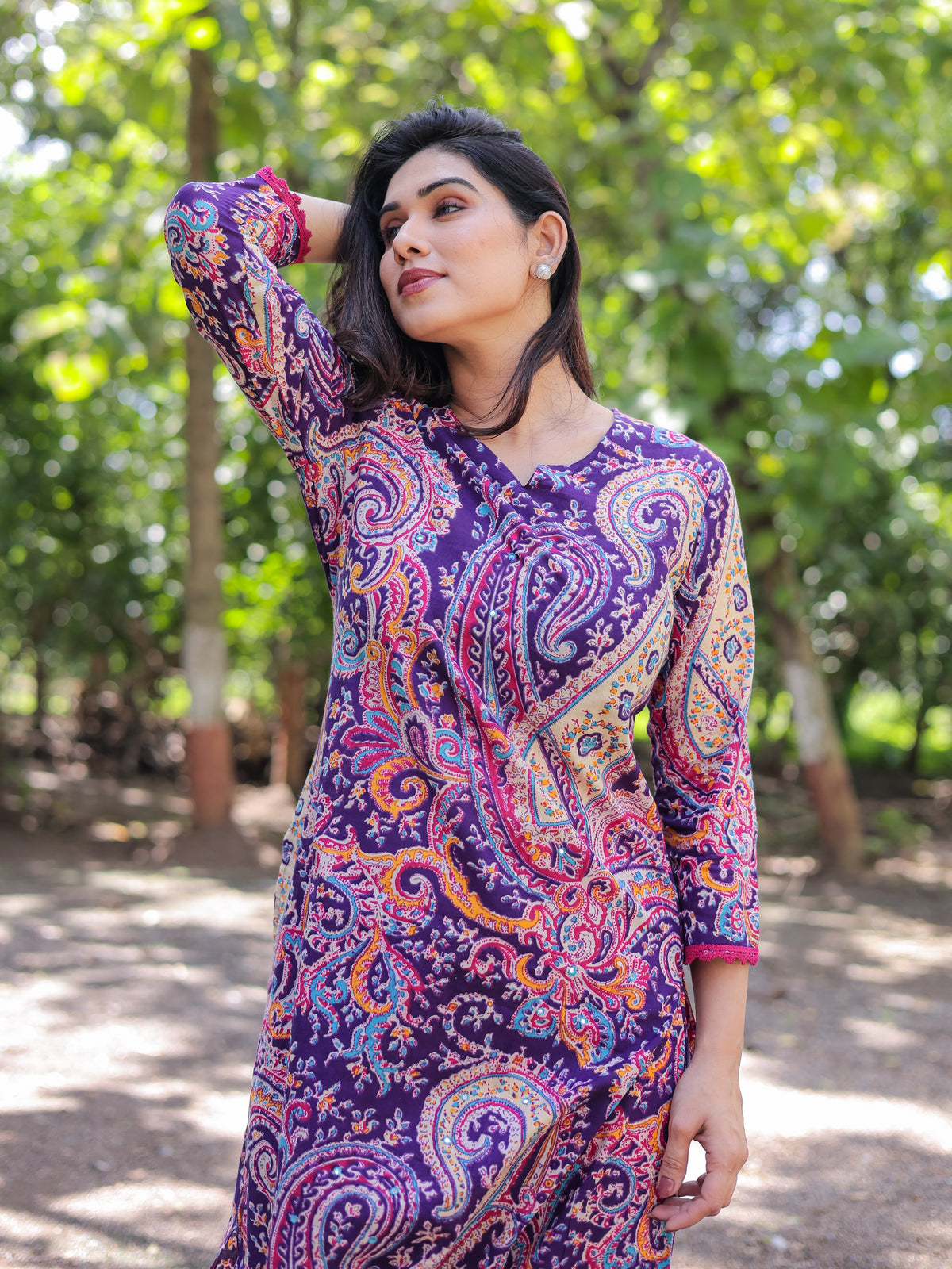 Purple Ethnic Motifs Printed Cotton Kurta with Trouser Pant
