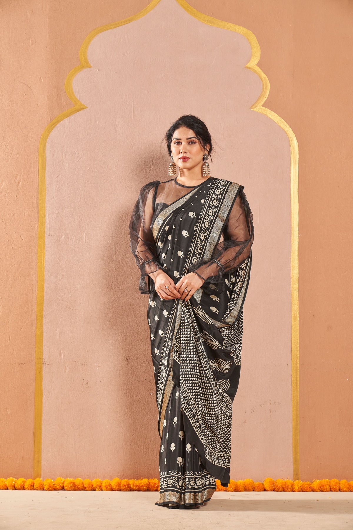 Anvika Black Saree with White Motifs & Designer Border