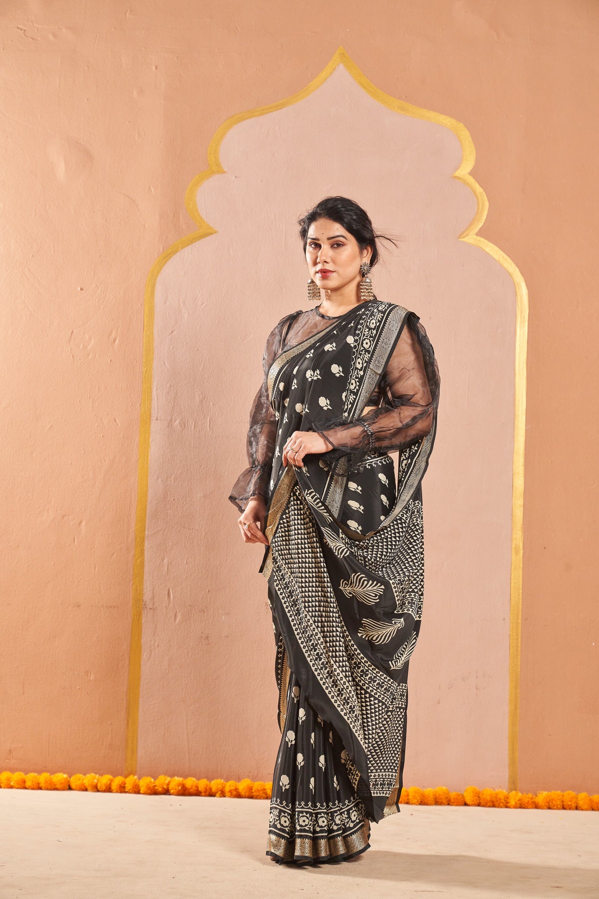 Anvika Black Saree with White Motifs & Designer Border
