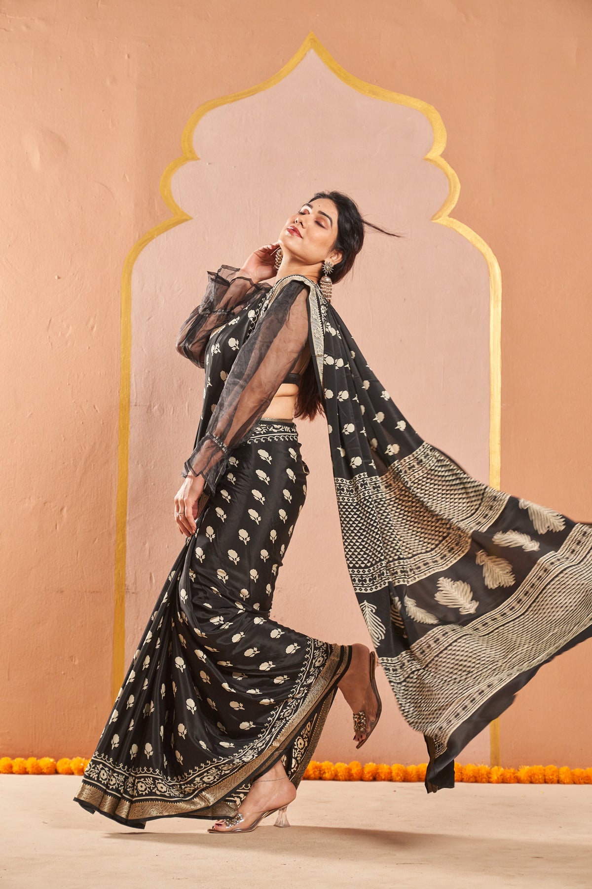 Anvika Black Saree with White Motifs & Designer Border