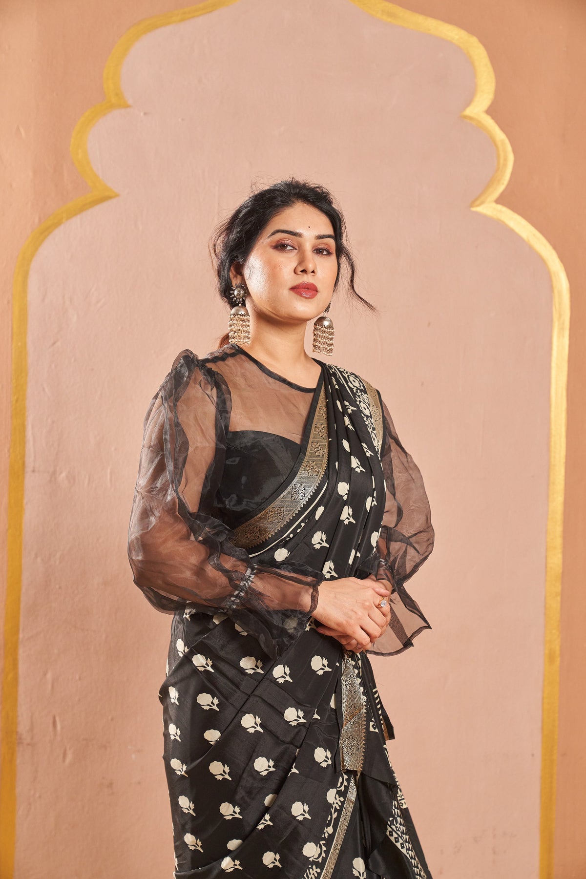 Anvika Black Saree with White Motifs & Designer Border