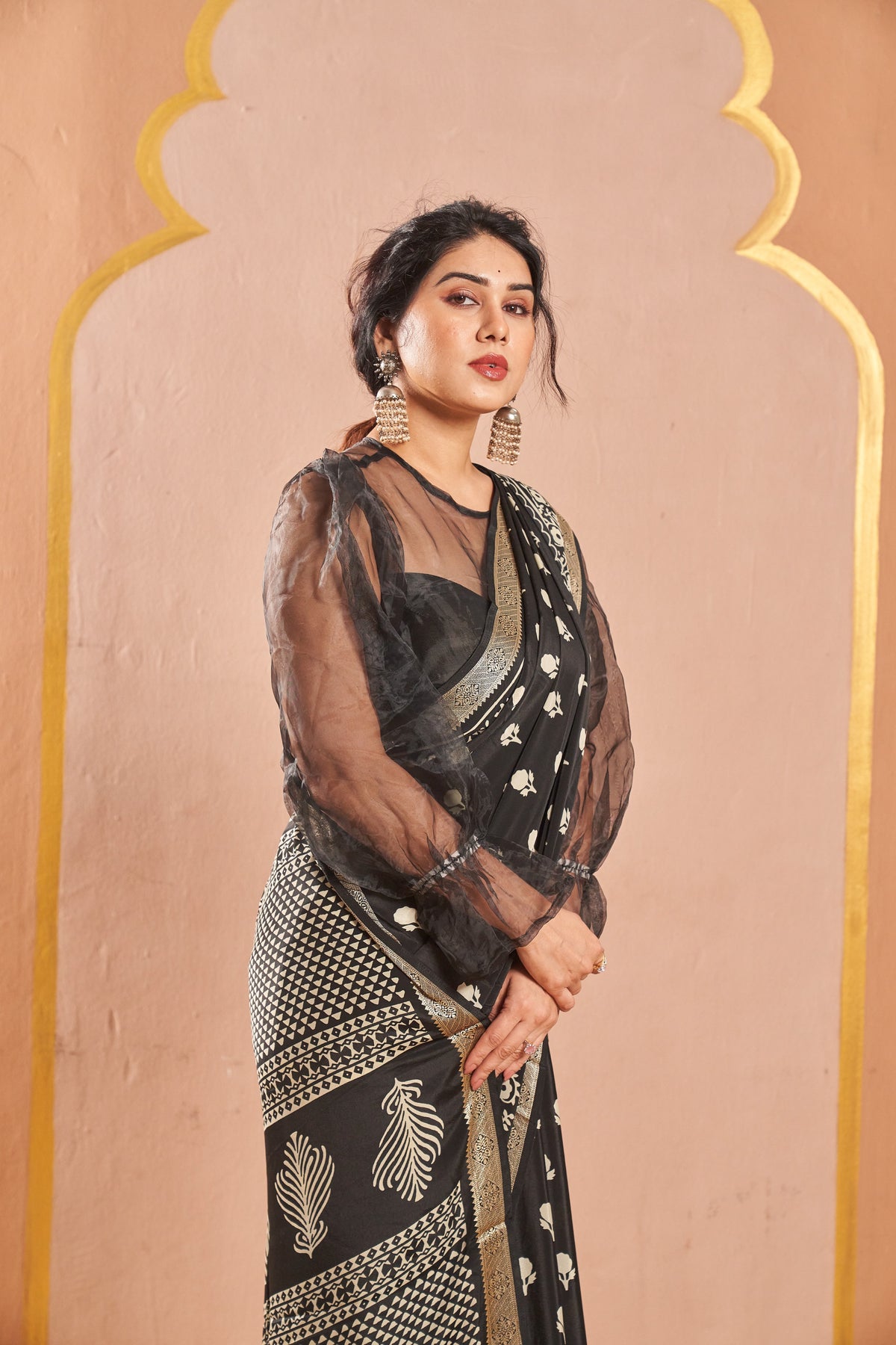 Anvika Black Saree with White Motifs & Designer Border