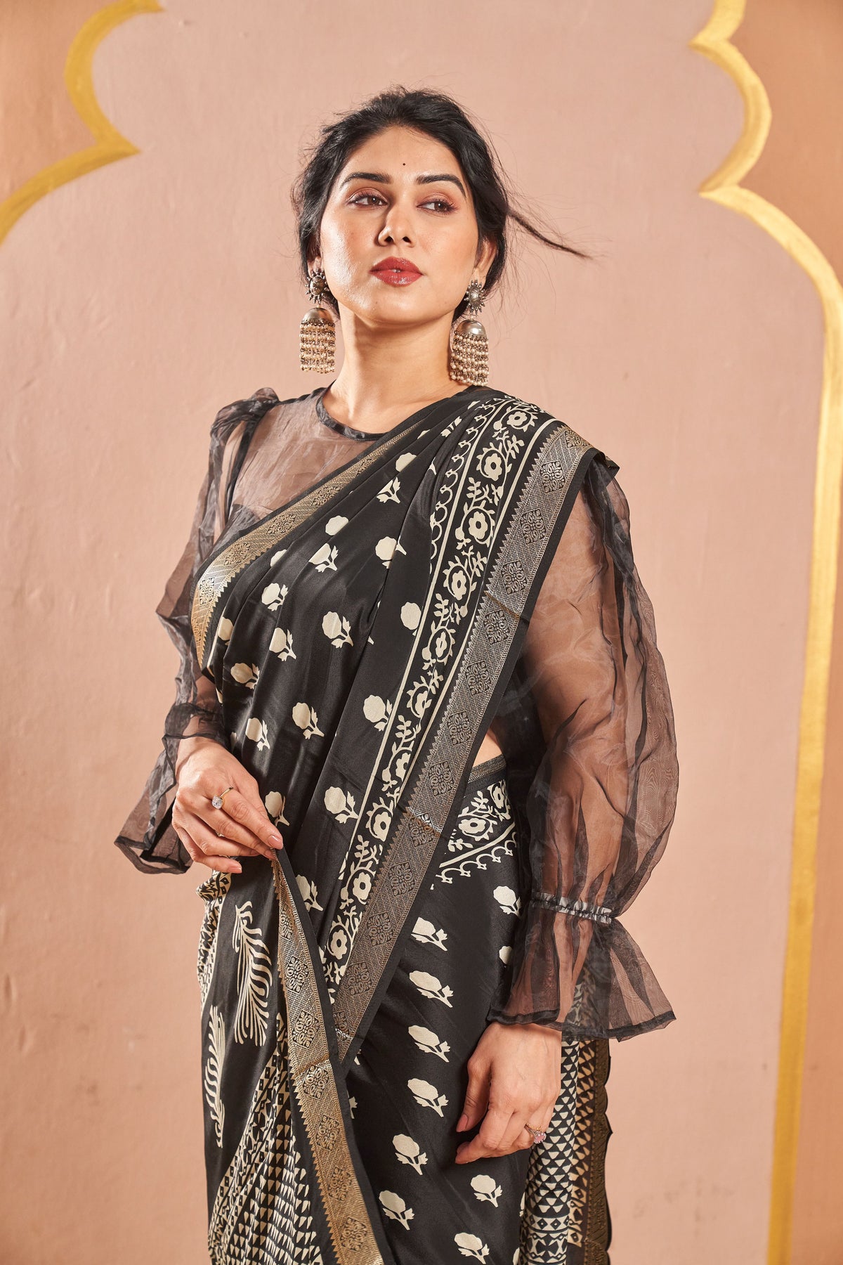 Anvika Black Saree with White Motifs & Designer Border