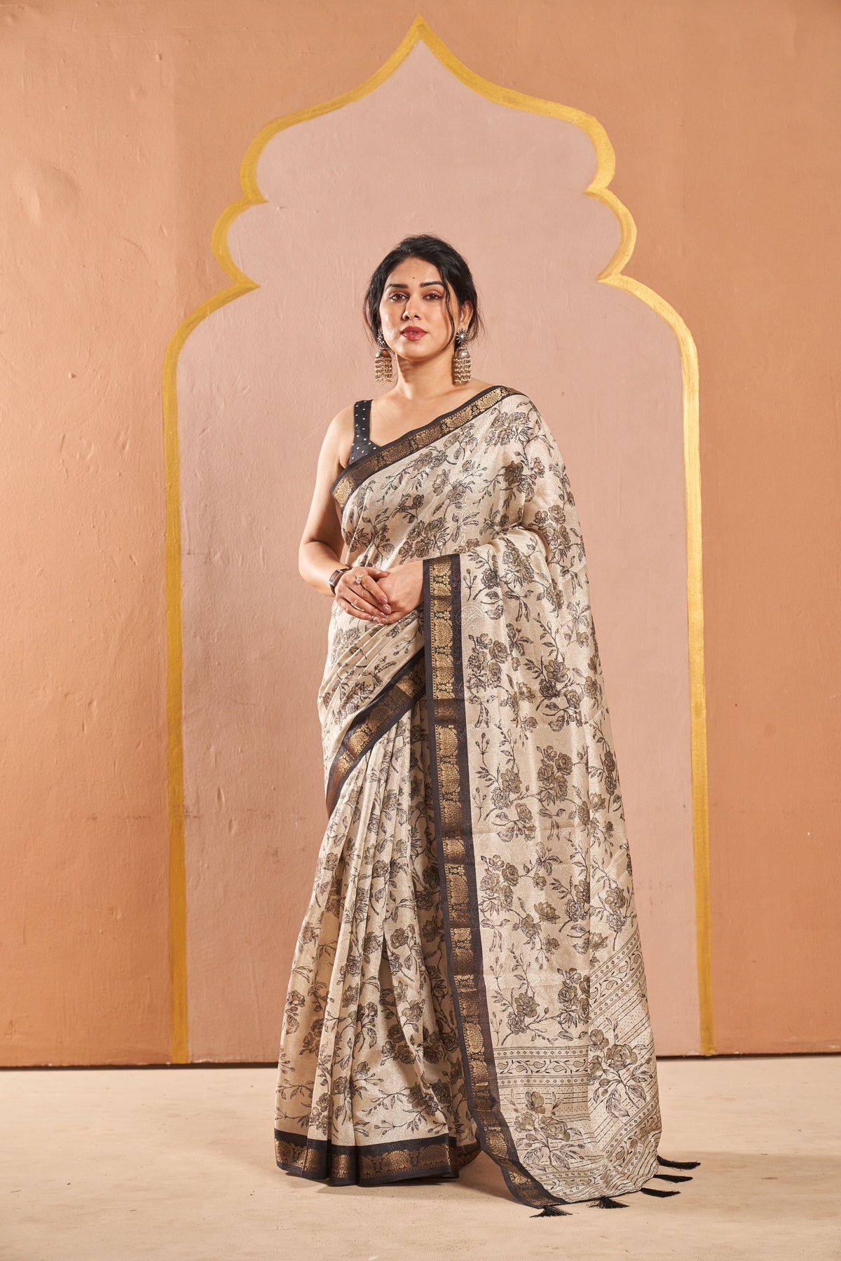 Vanya Beige Floral Saree with Elegant Contrast Border