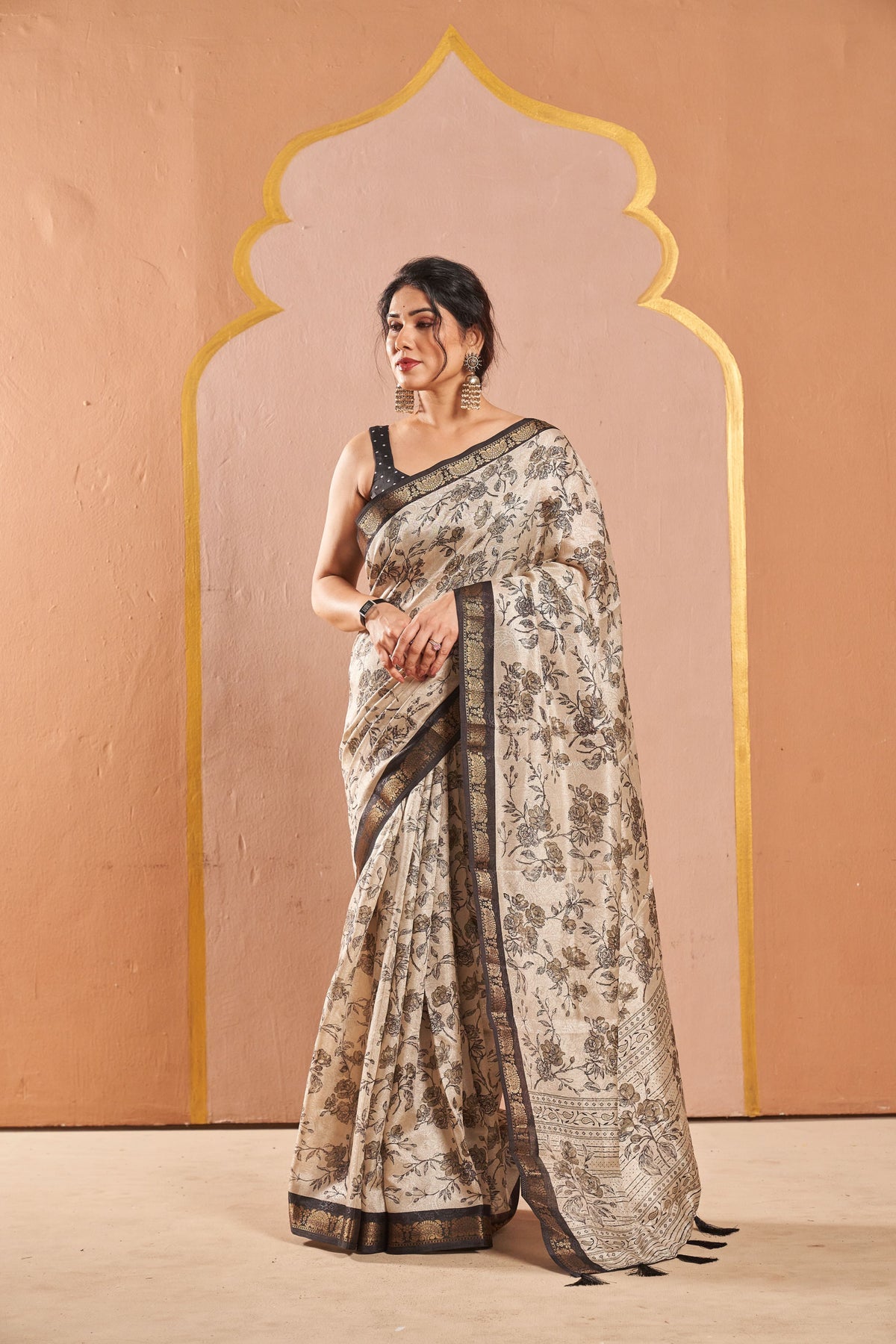 Vanya Beige Floral Saree with Elegant Contrast Border