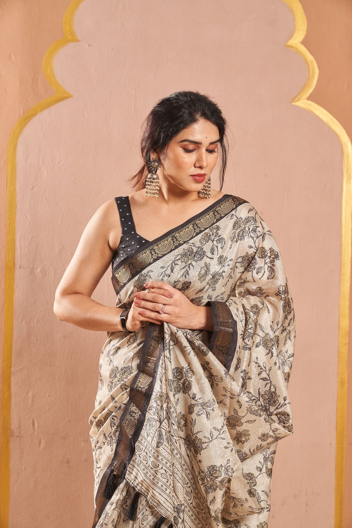Vanya Beige Floral Saree with Elegant Contrast Border