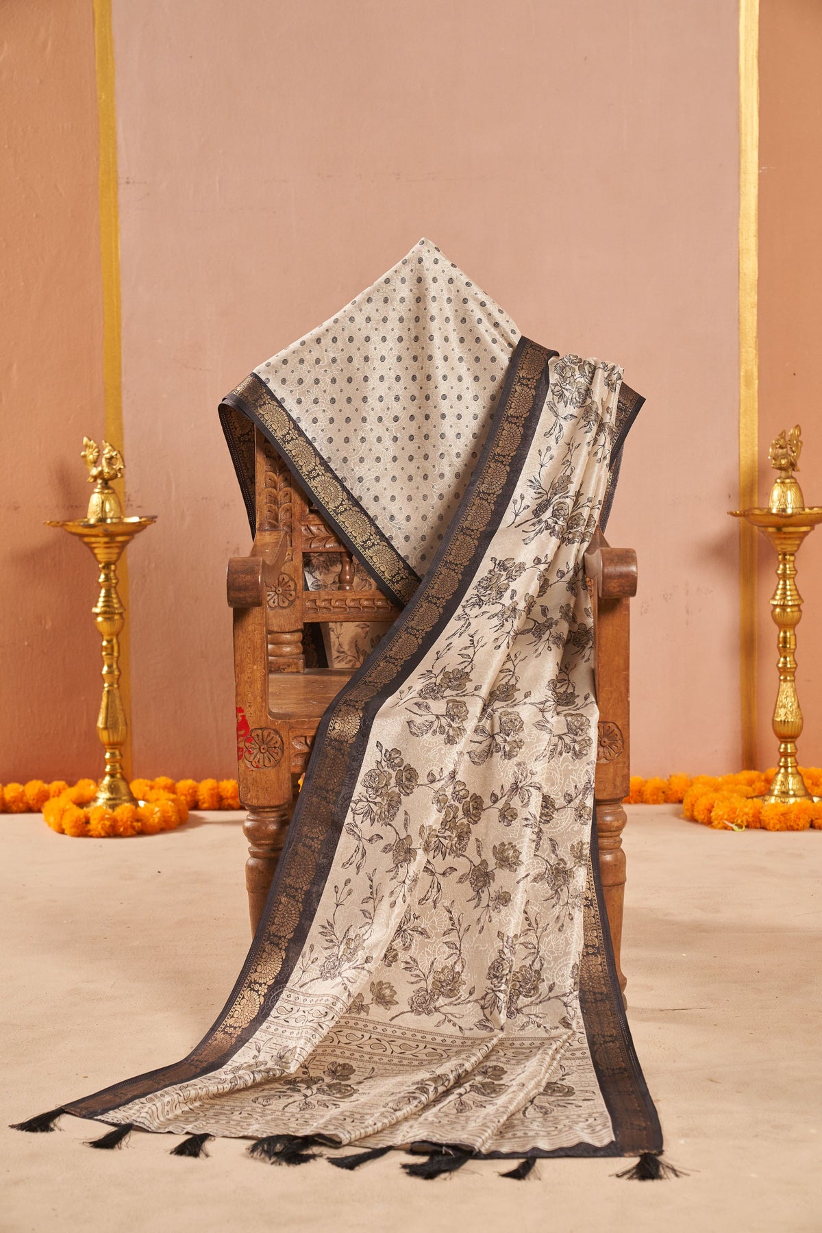 Vanya Beige Floral Saree with Elegant Contrast Border