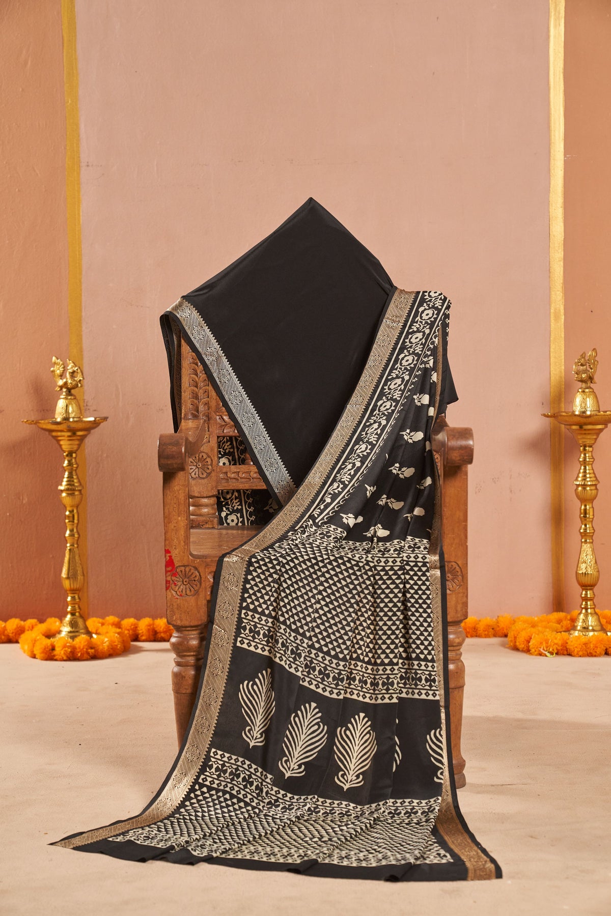 Anvika Black Saree with White Motifs & Designer Border