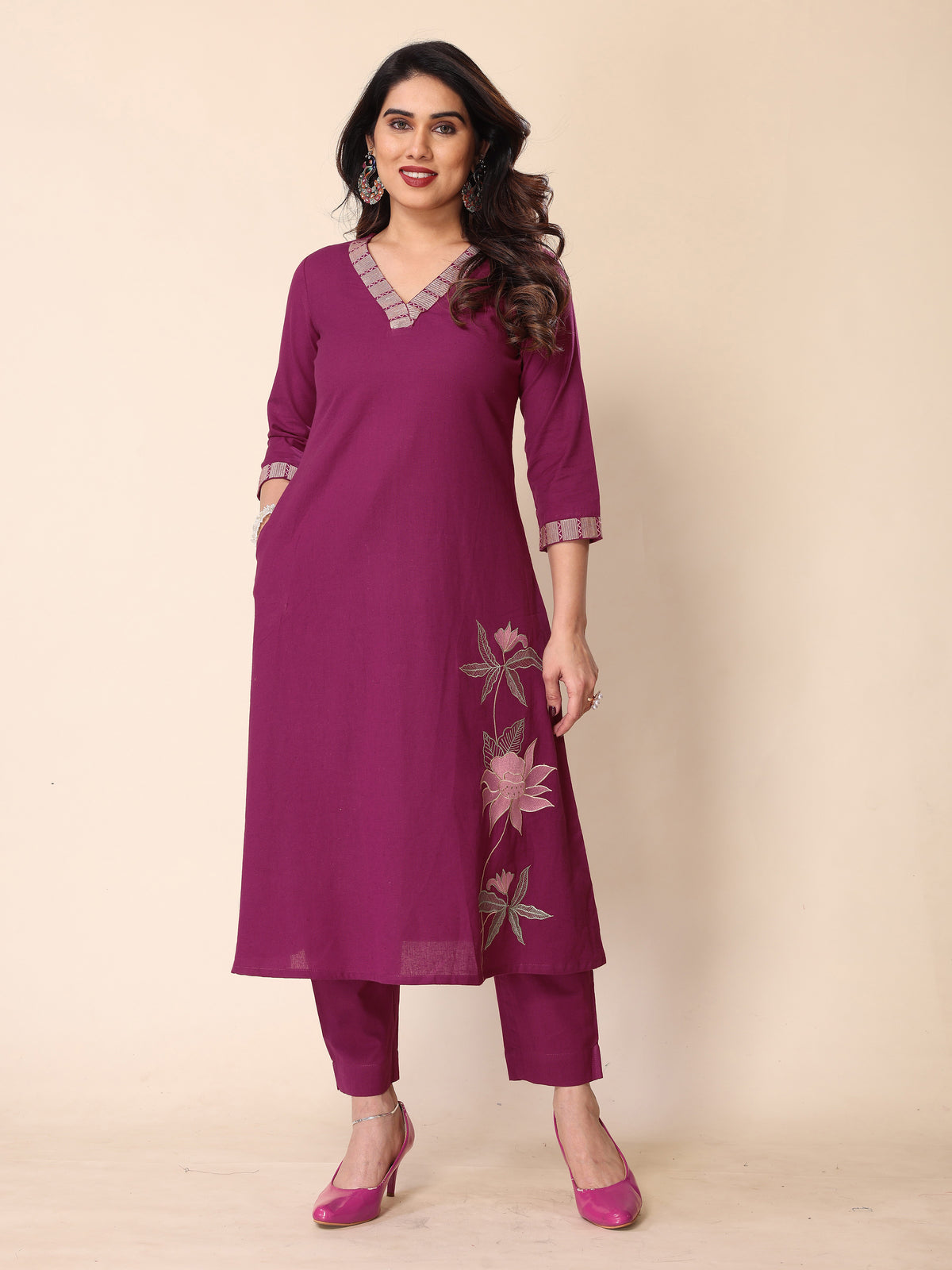 Magenta Floral Embroidery A-Line Kurta with Trousers