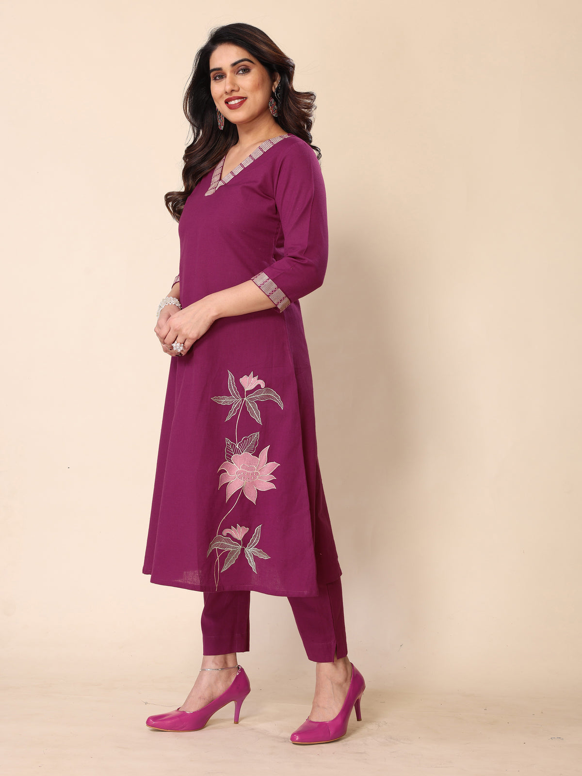 Magenta Floral Embroidery A-Line Kurta with Trousers