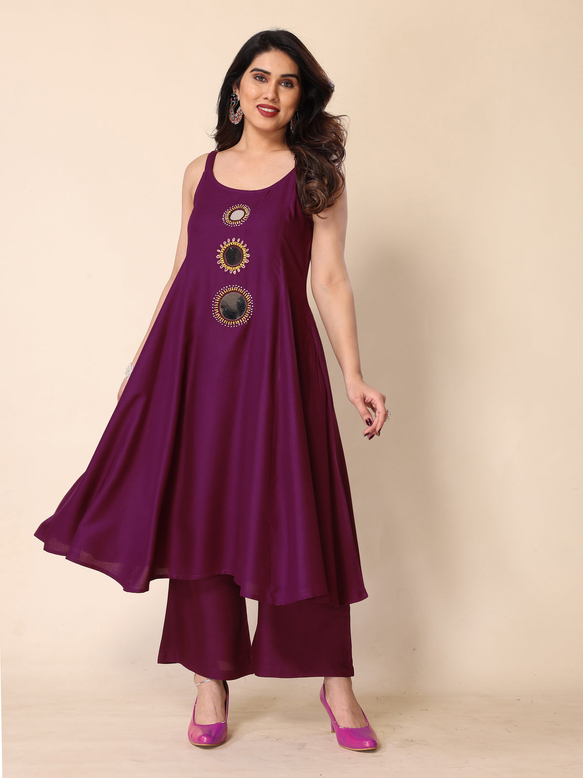 Purple Hand Mirror Embroidery A-Line Sleeveless Kurta with Trousers