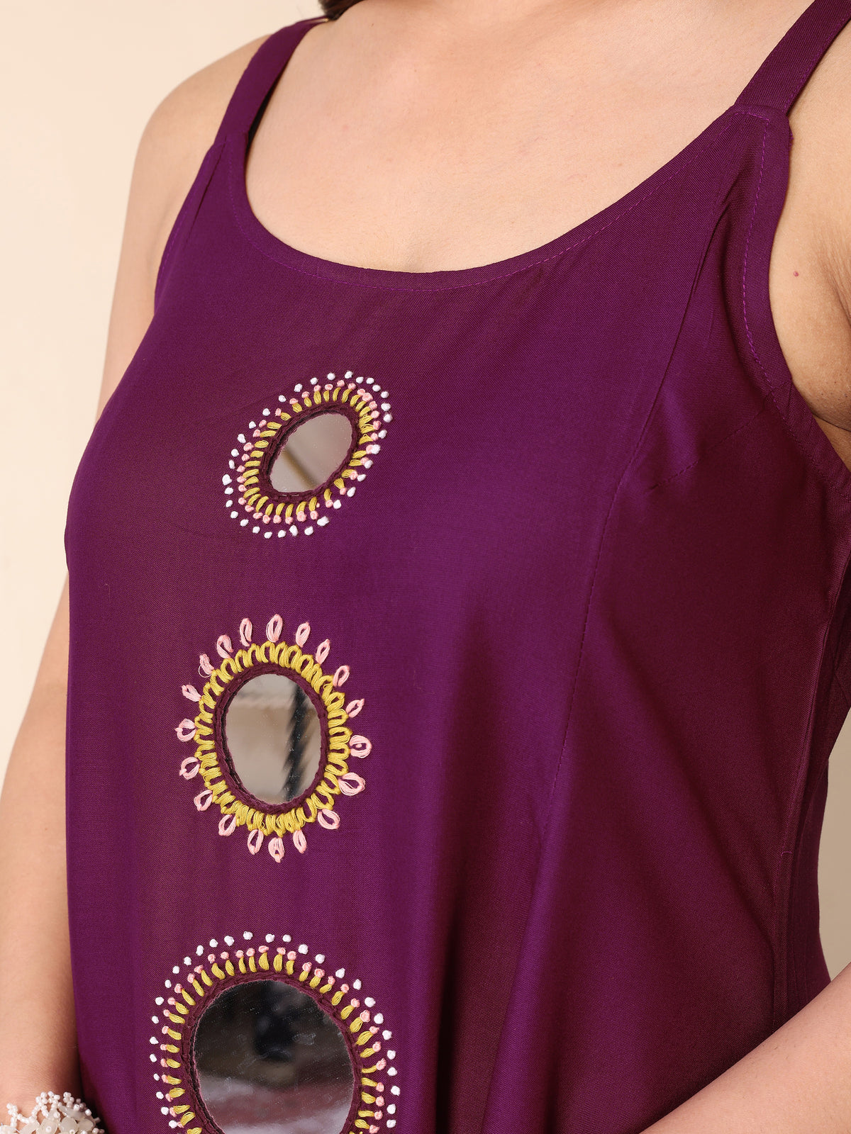 Purple Hand Mirror Embroidery A-Line Sleeveless Kurta with Trousers