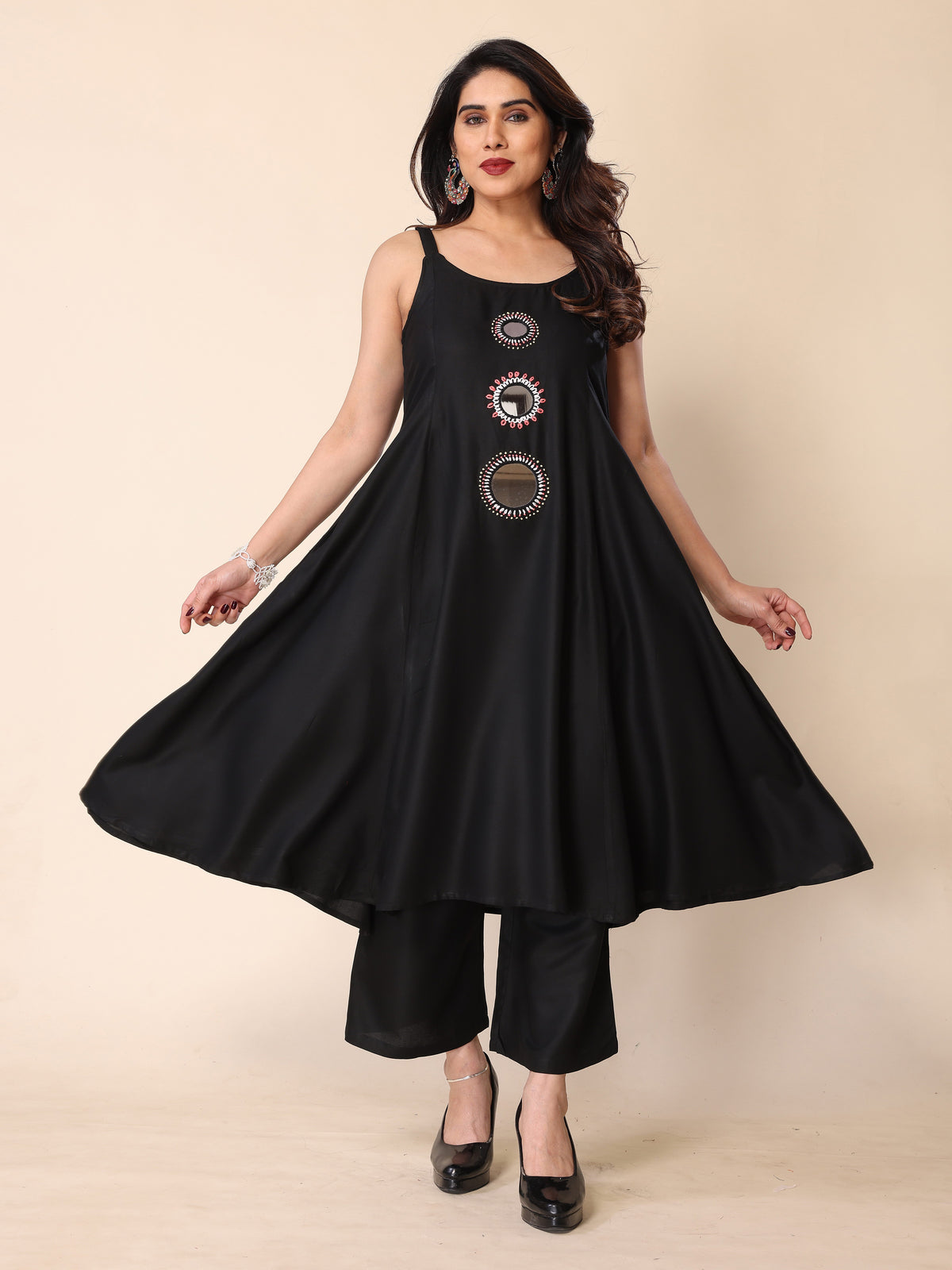 Black Hand Mirror Embroidery A-Line Sleeveless Kurta with Trousers