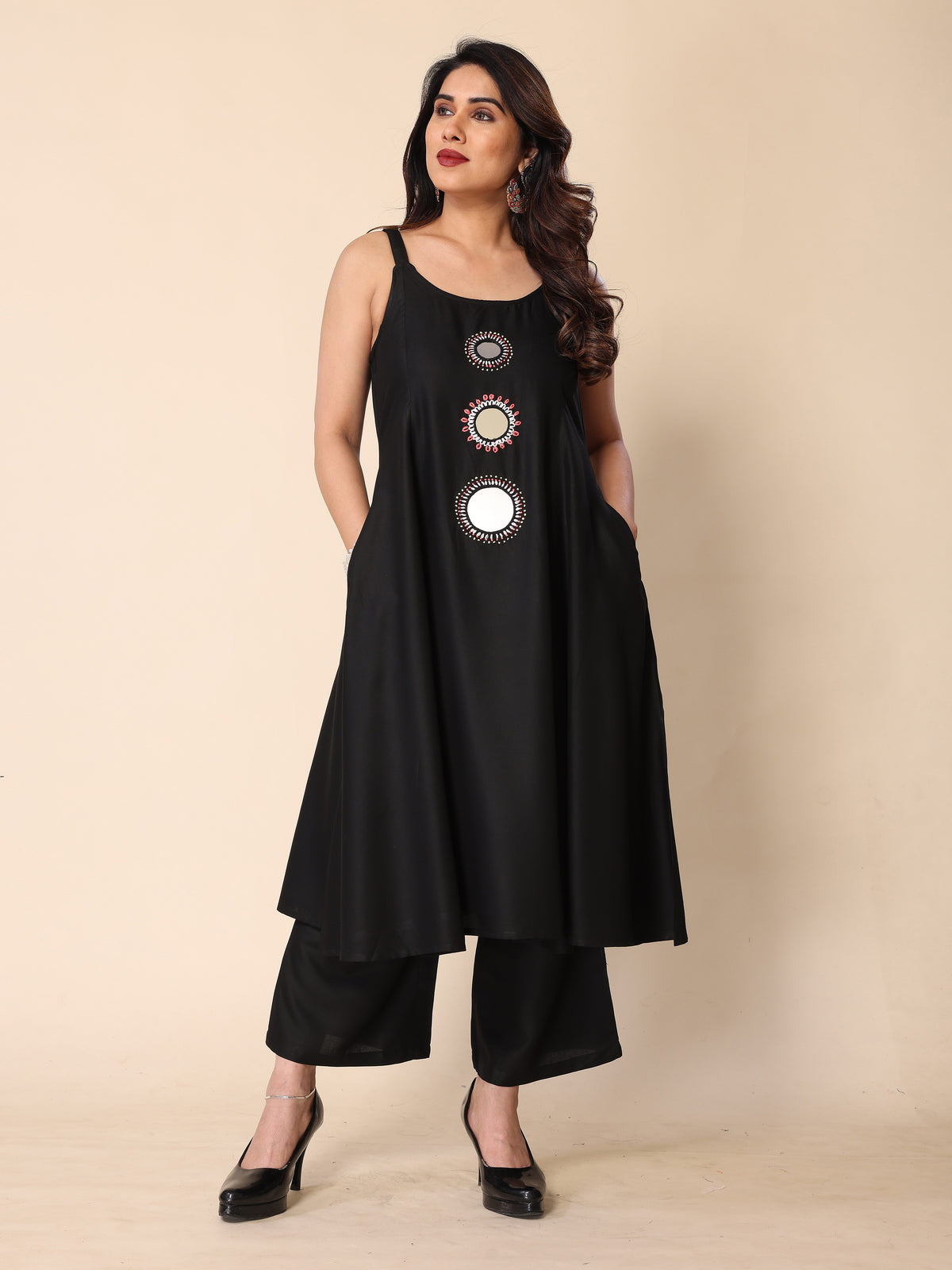 Black Hand Mirror Embroidery A-Line Sleeveless Kurta with Trousers