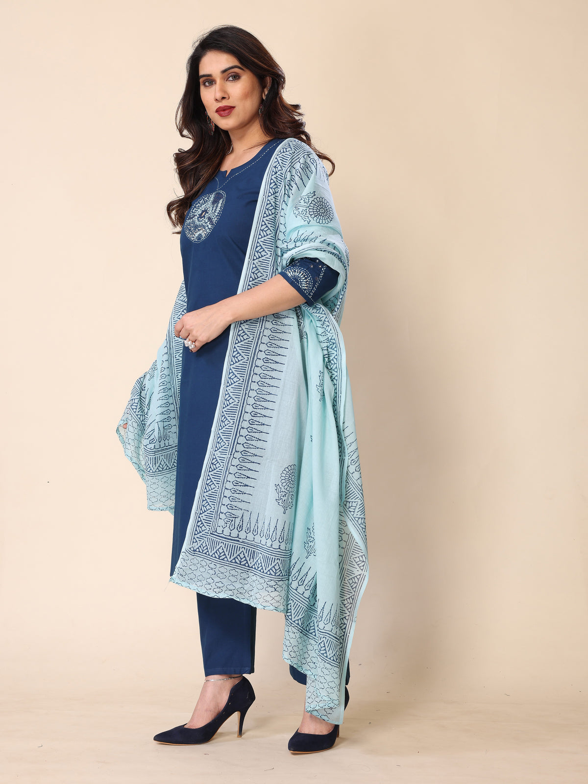 Teal Blue Kantha Work Cotton Kurta Pant Set with Dupatta