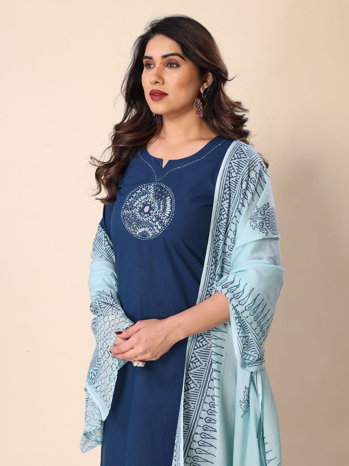 Teal Blue Kantha Work Cotton Kurta Pant Set with Dupatta