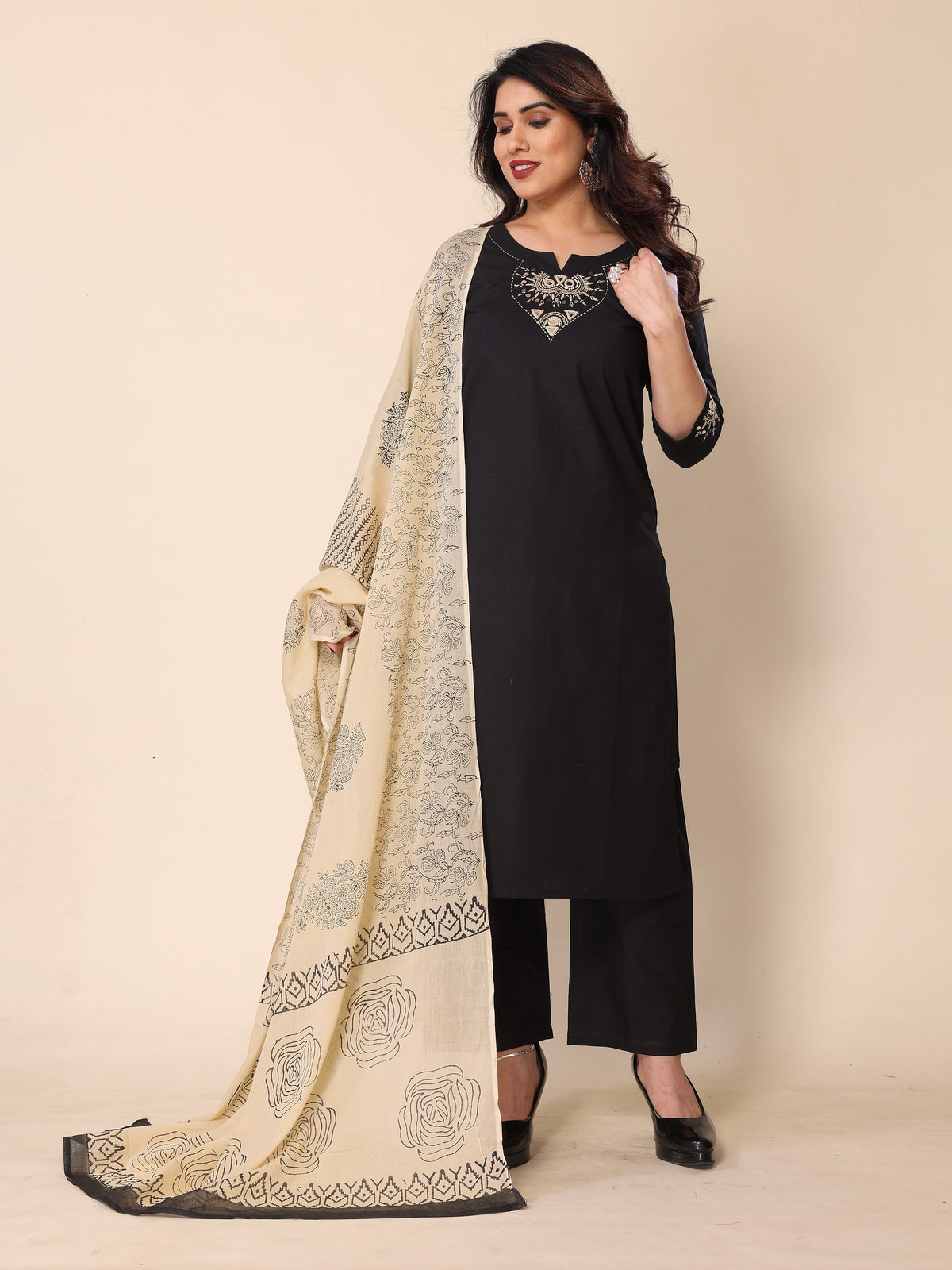Black Kantha Work Cotton Kurta Pant Set with Dupatta