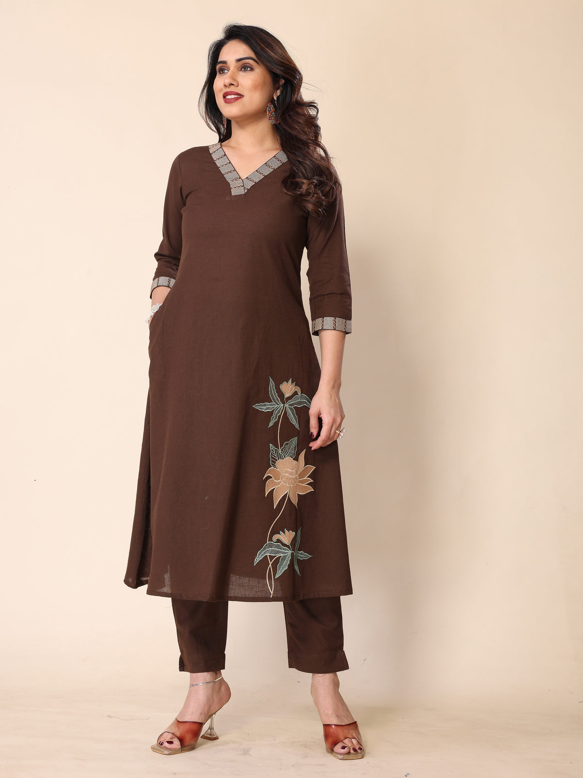 Brown Floral Embroidery A-Line Kurta with Trousers
