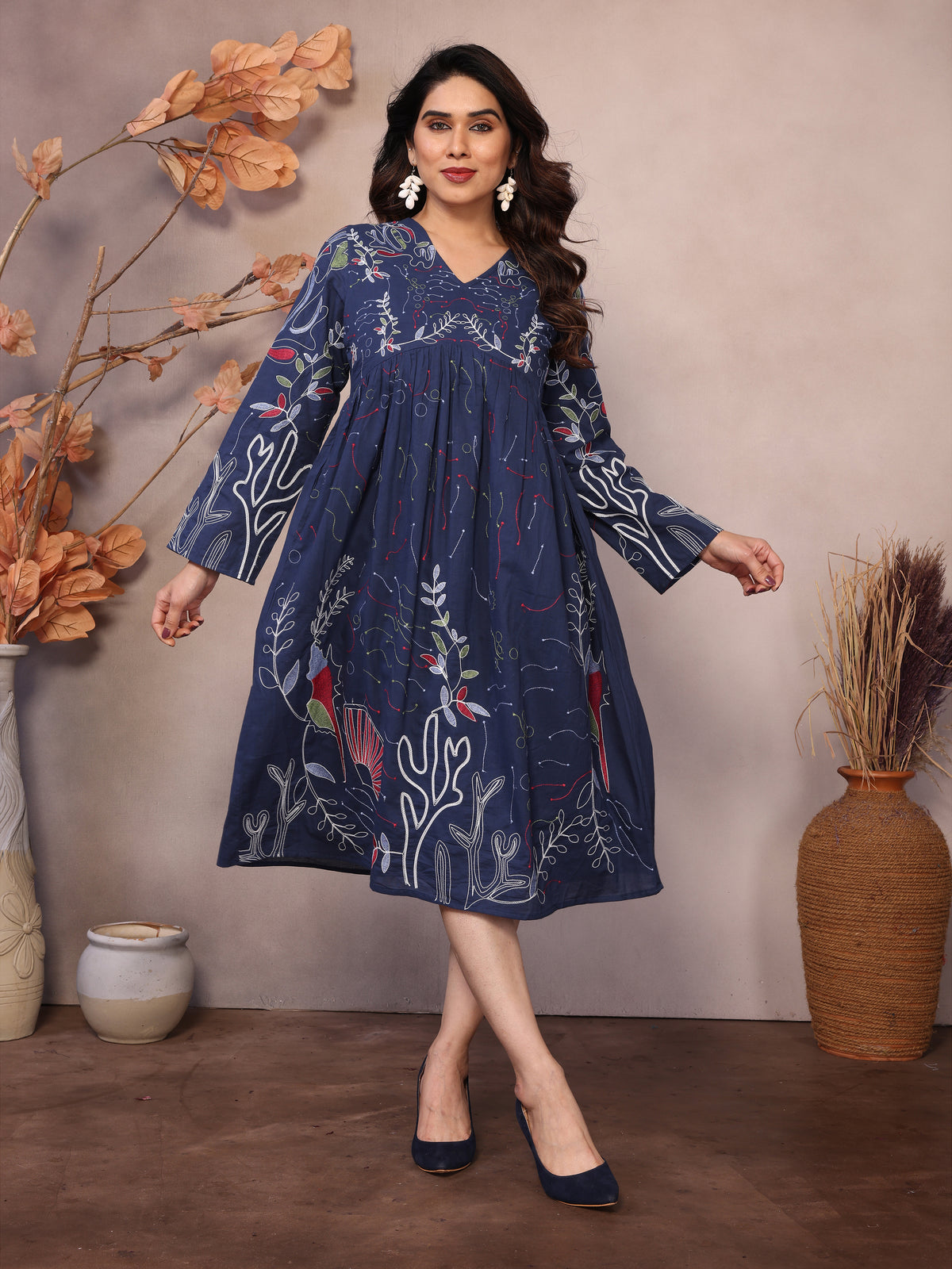 Navy Blue Floral Embroidered Midi Dress