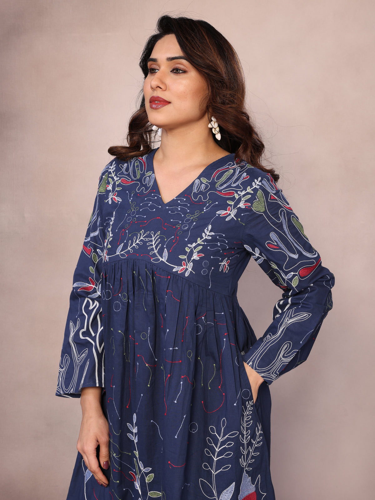 Navy Blue Floral Embroidered Midi Dress