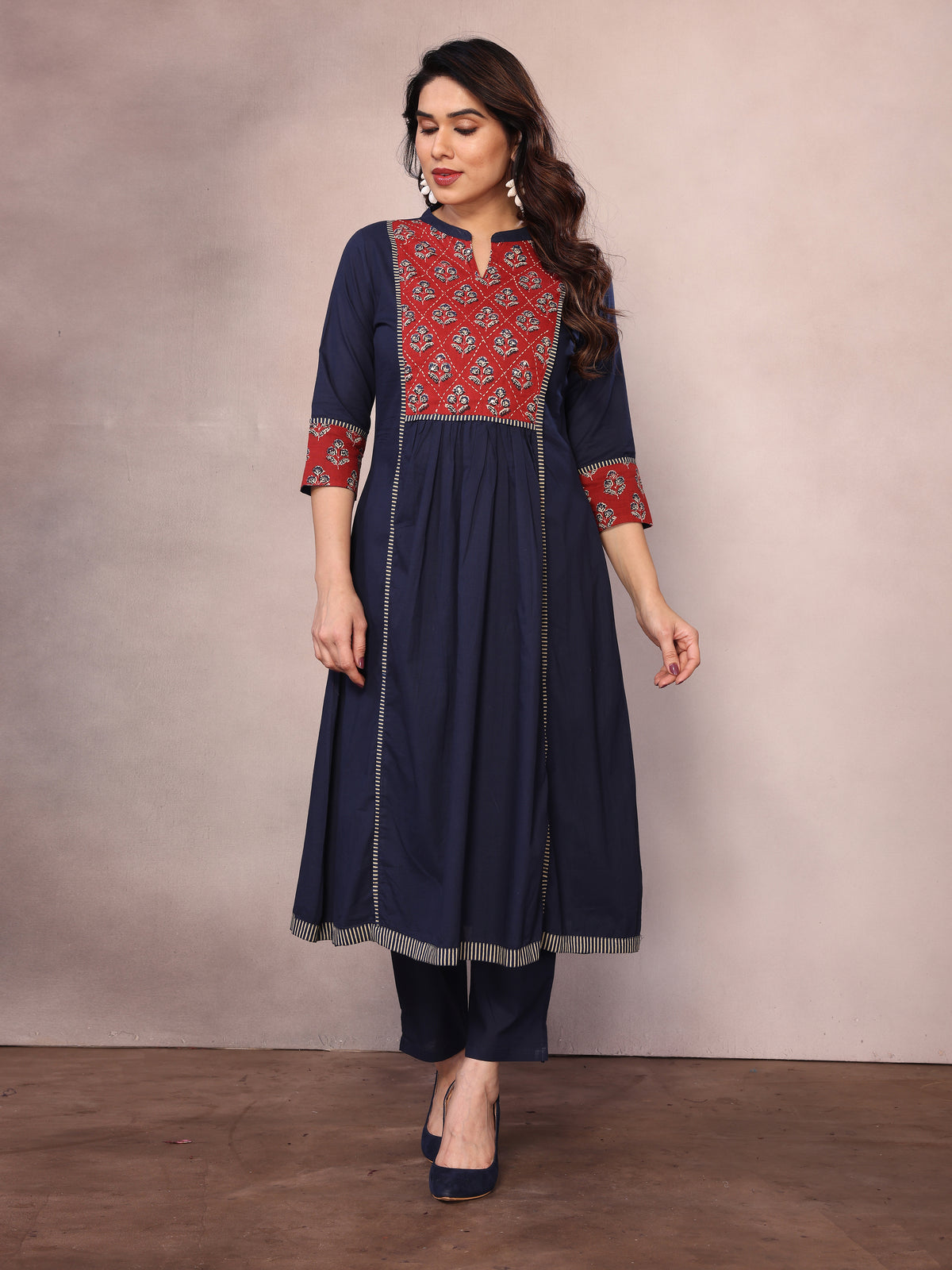 Navy Blue Floral Embroidered Pleated Sequinned Cotton A-Line Kurta With Trousers