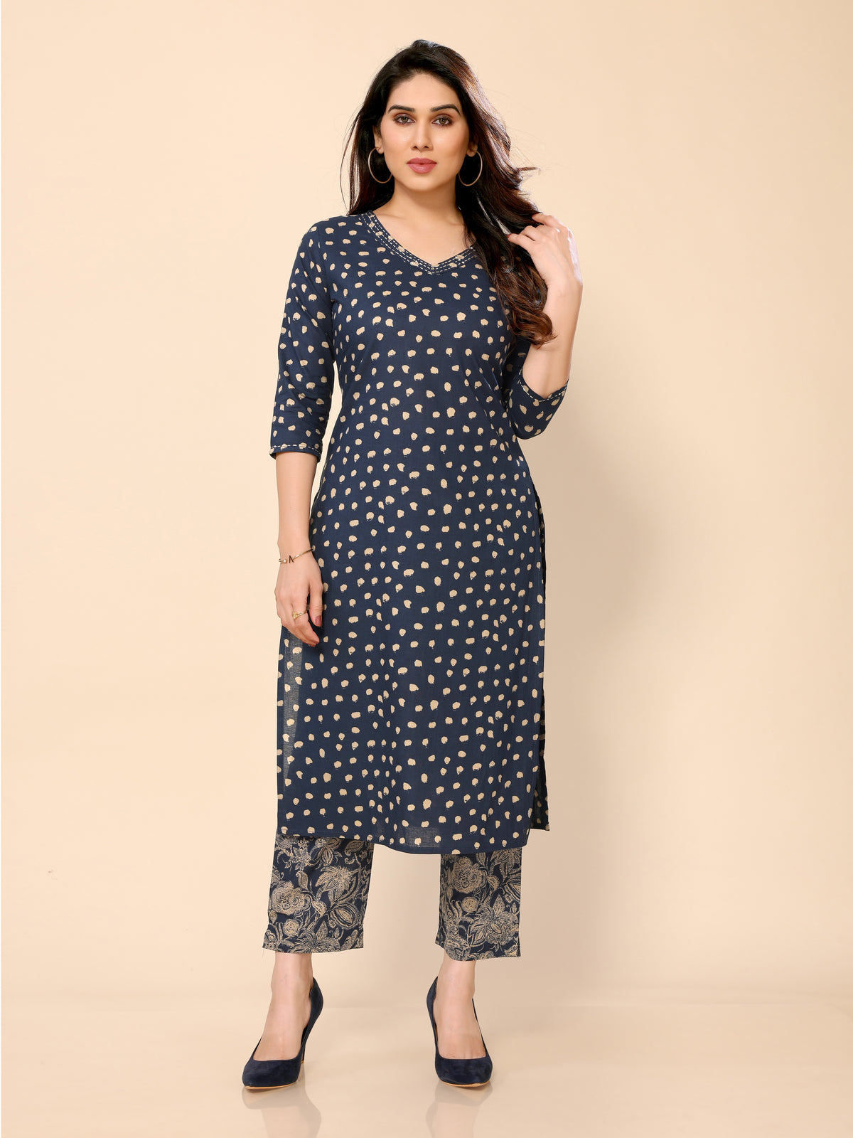 Teal Blue Printed Half Sleeves Cotton Kurta with Pants