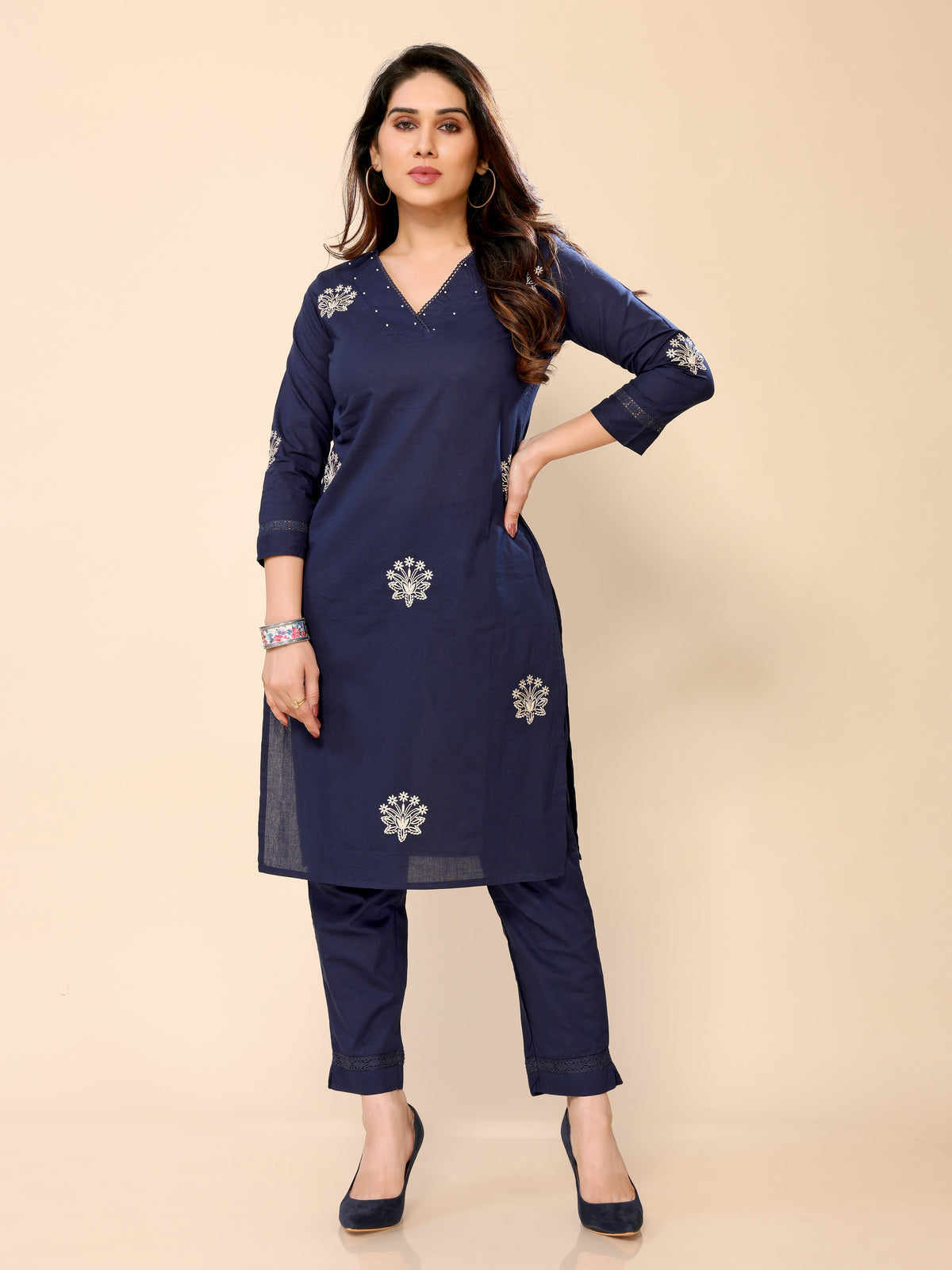 Navy Blue Embroidered Cotton Kurta with Three-Quarter Sleeves and Matching Pants