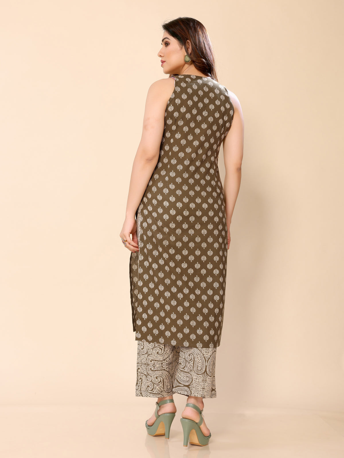 Brown Cotton Katha Work with Sequence Kurti with Pant with Side Pocket