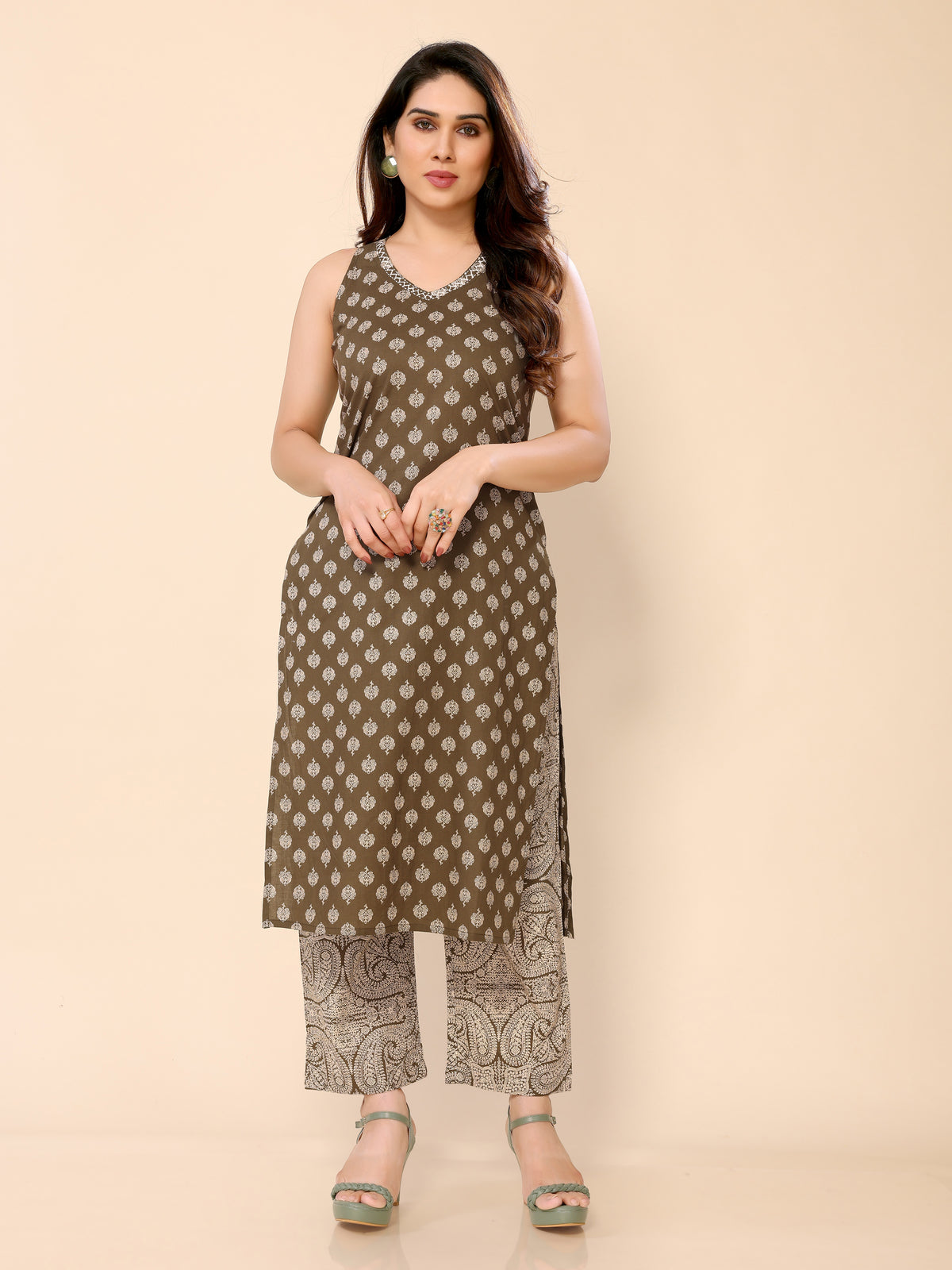 Brown Cotton Katha Work with Sequence Kurti with Pant with Side Pocket