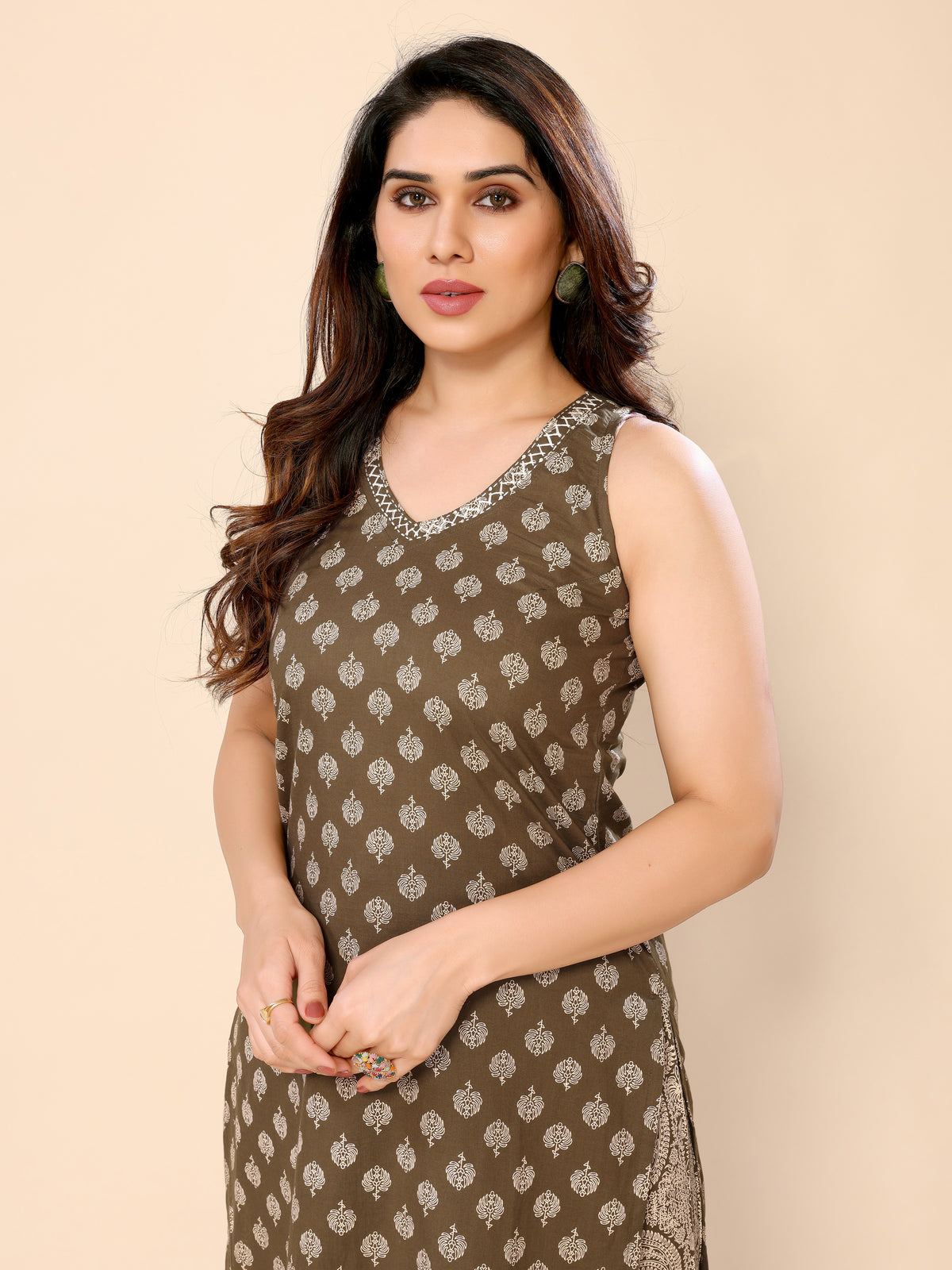 Brown Cotton Katha Work with Sequence Kurti with Pant with Side Pocket